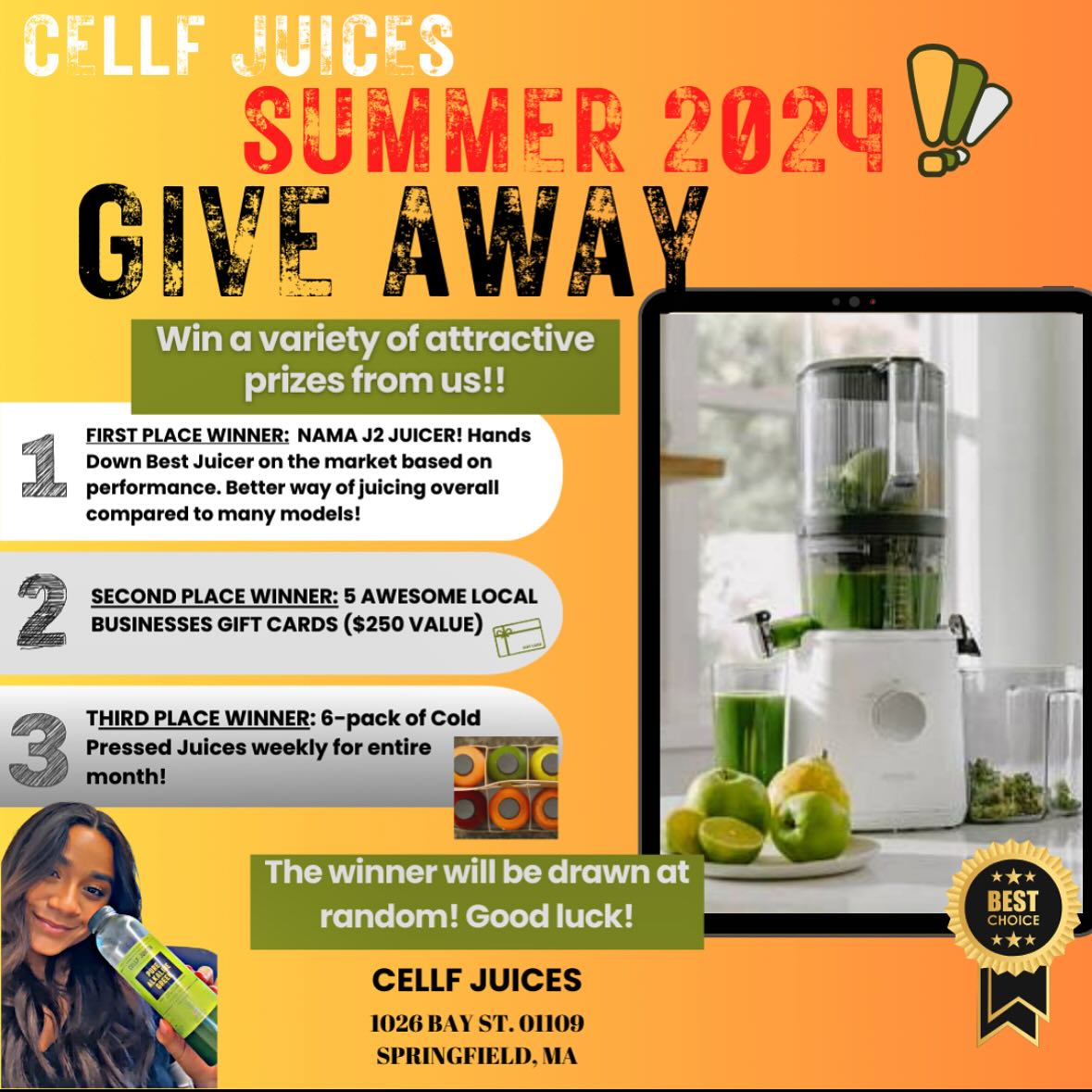 🚨🚨GIVE AWAY TIME!! 
—> WE KNOW YOU WERE WAITING!! 
HOW TO ENTER: 
1. Make sure you’re following @cellf_juices (only those who follow us can be entered to win!) ✅
2. Like this post on IG✅
3. Tag at least 3 friends in the comments -every comment counts as a new entry 🤗🌀
4. Share this on your story- this will count as a double entry 🥳✅
Winner will be announced on a SUNDAY!
Happy tagging 👯♀️
#giveawayalert#localjuicebar#spfldma#springfieldmass#juices#smoothies#açaí#love#chicopee#westernmass#ludlowma#westspringfield#eastlongmeadow#longmeadow#massachusetts#coldpressed#namaste#latina#localbusiness#supportsmallbusiness#happy#juicer#patience#america#healthy#getfit#2024#summer#vibe#loyalty