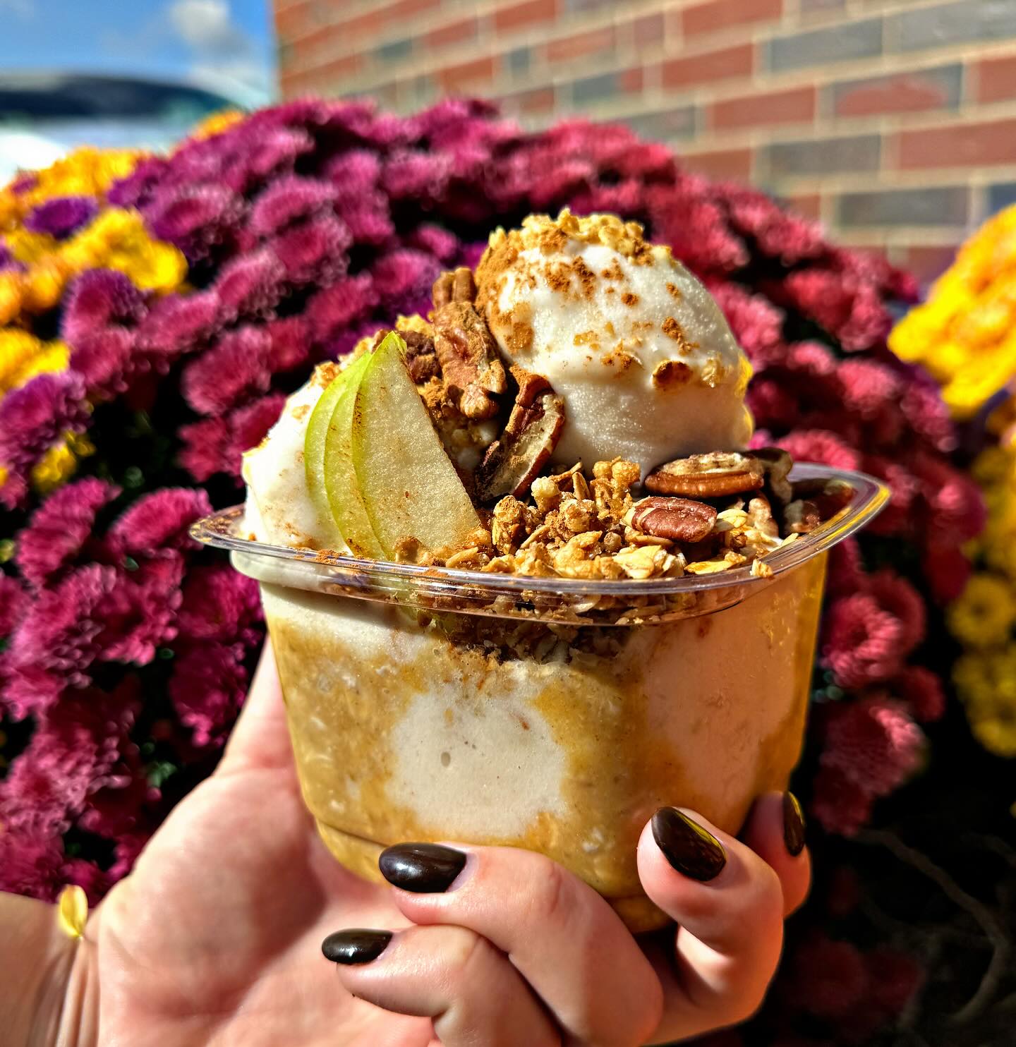 Another Love from us to you ❤️ Come enjoy our newest Apple Crisp Sorbet Pumpkin Oat bowl! The mixed taste of warmth in October and coldness of Fall! 
—>MANDY BOWL 🍎 🎃!! 
Available online & app! 
#pumpkin#applecrisp#sorbet#localjuicebar#localbusiness#community#everyone#love#taste#experience#acai#coldpressedjuice#enjoy#explorepage✨#smallbusinessowner