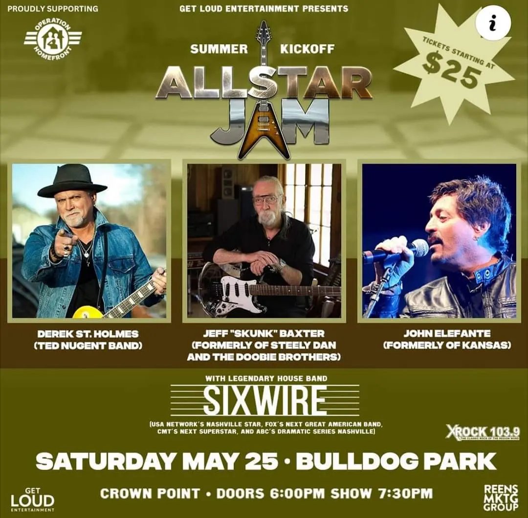 Hey Chicago/NW Indiana area friends! Saturday night May 25 (tomorrow) at Bulldog Park in CROWN POINT, INDIANA!! Sixwire hosts former Kansas frontman JOHN ELEFANTE, Ted Nugent Band lead vocalist DEREK ST HOLMES, and Rock & Roll Hall of Famer SKUNK BAXTER of Steely Dan and the Doobies!! An epic all-star jam you don’t wanna miss!