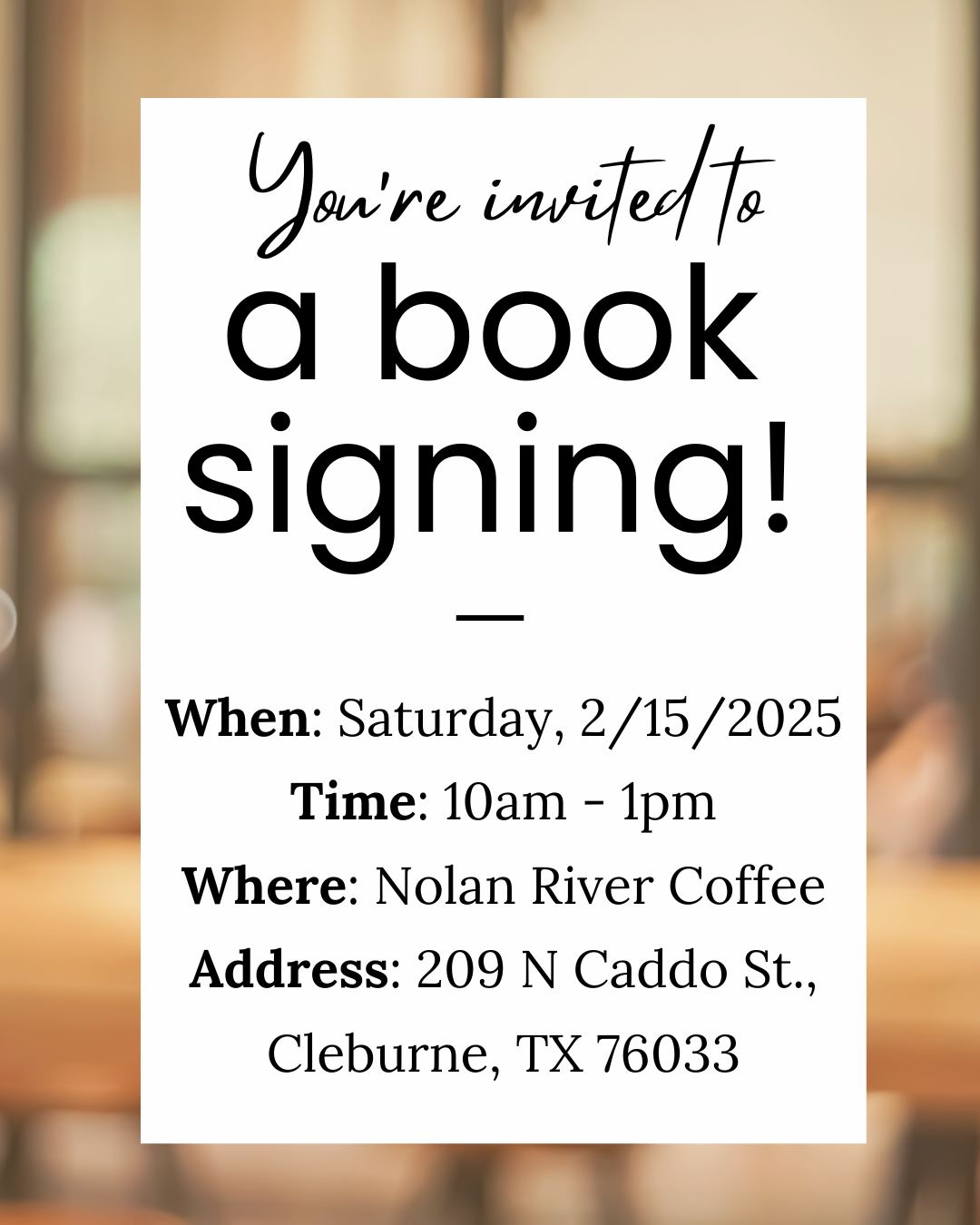 I am SO EXCITED to be doing a book signing at the beautiful Nolan River Coffee house in Cleburne, TX! They're having a whole Galentine's Day event --- a flight of delicious teas to try, mini massages (!!), and other valentines treats! Oh, and I'll be there signing books 😄
Mark your calendar & grab your besties because you don't want to miss this event!
