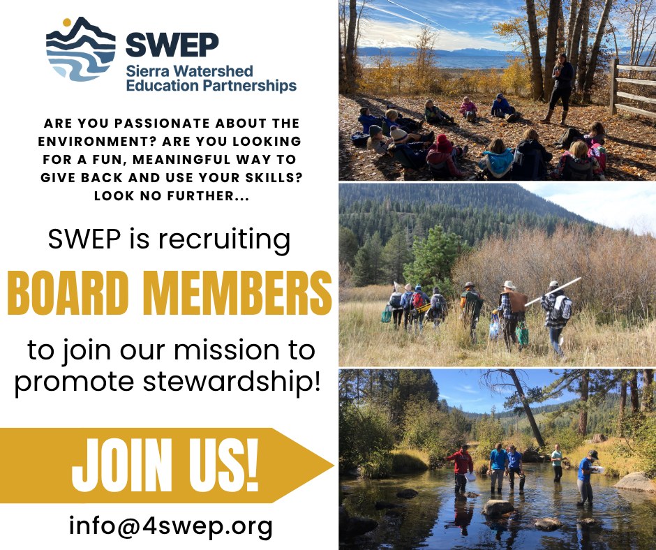 🌿 Passionate About the Environment?
Looking for a fun, meaningful way to give back and use your skills?
We’re currently recruiting for our Board of Directors — and we’d love to meet community members who care deeply about environmental education, sustainability, and the future of the Tahoe-Truckee region. 💚
This is your chance to:
✔ Support impactful local programs
✔ Collaborate with a passionate team
✔ Help support students and protect the place we all love
✨ Your voice and experience can help shape real change.
Ready to make a difference? Reach out to learn more about joining our board! Email: info@4swep.org
#BoardRecruitment #EnvironmentalLeadership #GiveBack #TahoeTruckee #CommunityImpact #JoinUs #NonprofitBoard #ProtectWhatYouLove