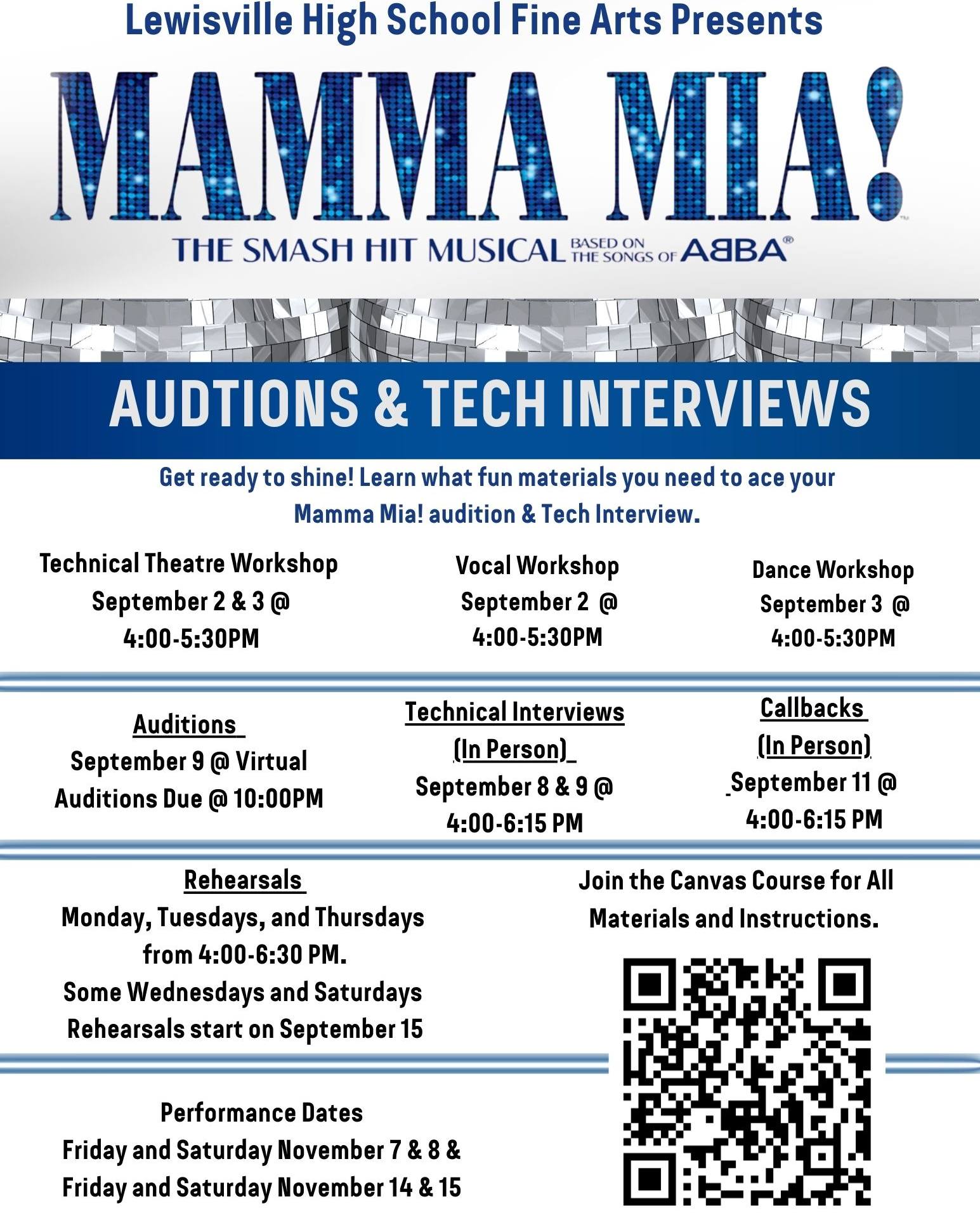 Get ready to sing, dance, and have a super trouper time—our Mamma Mia auditions and tech interviews are just around the corner!
A quick note: Mama Mia is a PG-13 production, so please use your best judgment. We want everyone to enjoy the experience and feel comfortable on stage.
Students, use this link to register to audition and access all the materials for the show!
We can’t wait to see all your fabulous auditions and bring the magic of ABBA to life! If you have any questions, don’t hesitate to reach out.
