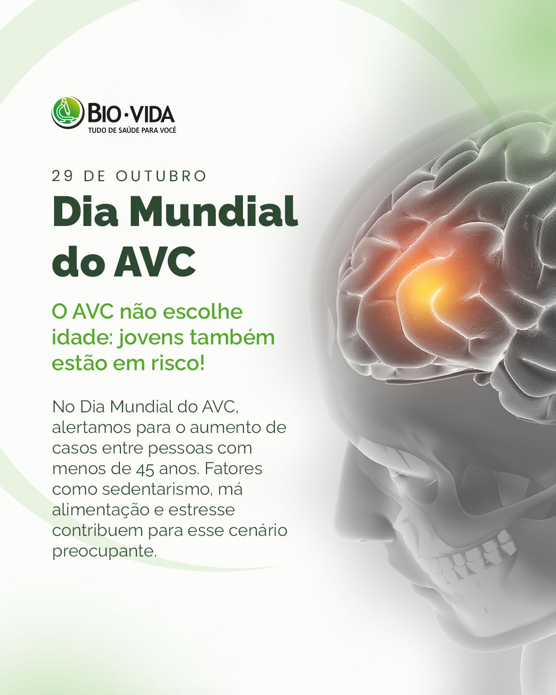 O Acidente Vascular Cerebral (AVC) não é mais uma preocupação apenas para os mais velhos. 👀
Estudos mostram um aumento significativo de casos entre pessoas com menos de 45 anos. Conheça os principais fatores de risco:
😫Sedentarismo
🍔Alimentação inadequada
😓Estresse
🚬Tabagismo
E como se prevenir?
🏃♀️ Pratique exercícios físicos regularmente
🥦 Adote uma dieta balanceada
🧘♂️ Gerencie o estresse
🚭 Evite o tabagismo
🩺 Mantenha seus exames em dia
Lembre-se: 90% dos casos de AVC podem ser prevenidos com hábitos saudáveis. Cuide-se hoje para um amanhã mais saudável!
Agende seus exames no Laboratório Bio Vida e dê o primeiro passo para uma saúde plena! 💚
.
.
.
.
#AVC #saude #cuidado #prevenção #laboratorio #patrocinio #minasgerais