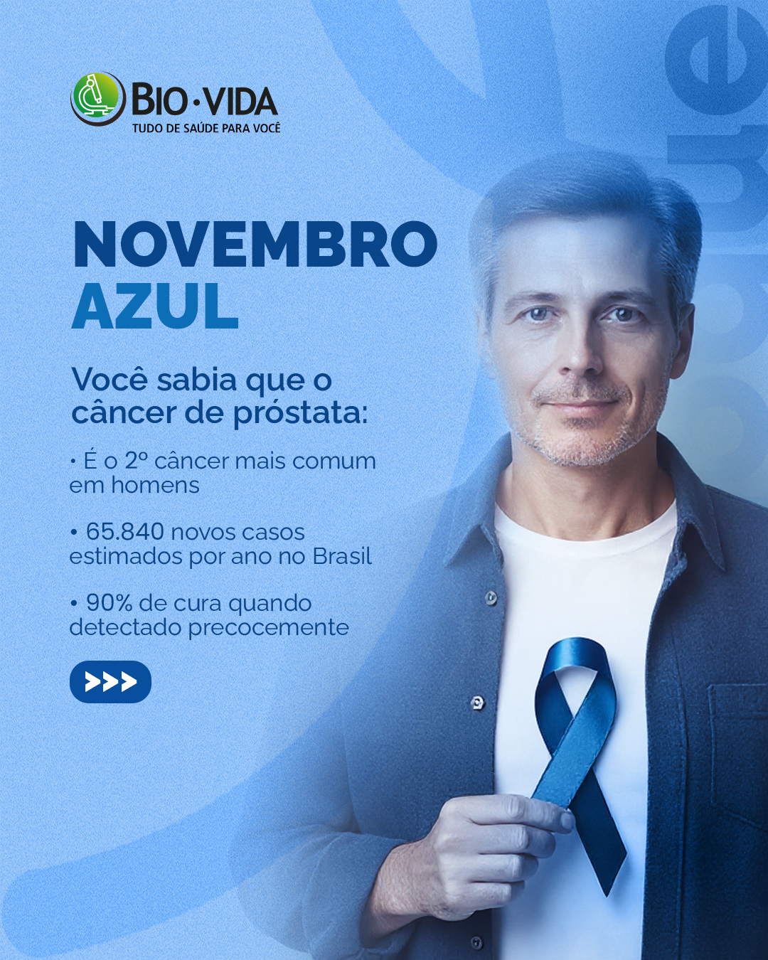 Novembro Azul é um chamado à conscientização e, mais importante, à ação. ✨
Embora os dados sobre o câncer de próstata revelem sua prevalência, eles também sublinham uma verdade fundamental: a detecção precoce é o caminho mais eficaz para a cura. É um ato de coragem e responsabilidade que transcende o indivíduo, impactando a vida de todos que o cercam.
No Laboratório Bio Vida, a sua saúde é tratada com a precisão e o carinho que ela merece. Nossos exames, como o PSA e o toque retal, são realizados com a excelência da nossa acreditação SBAC, garantindo resultados confiáveis para que você e seu médico possam tomar as melhores decisões.
Não ignore os sinais do seu corpo nem adie a prevenção; a informação e o acompanhamento são as ferramentas mais poderosas para uma vida plena e saudável. 💙