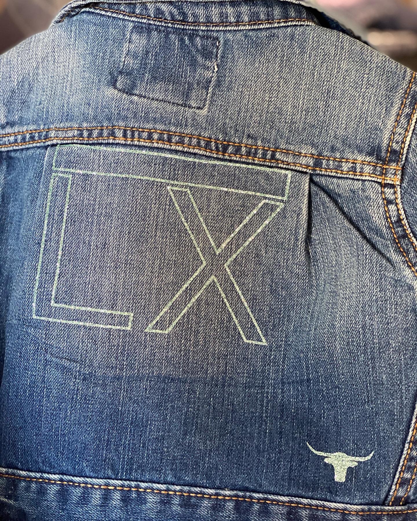 An itty bitty jean jacket with a sparkle brand in mint and little sparkle longhorns too 🤩🤩