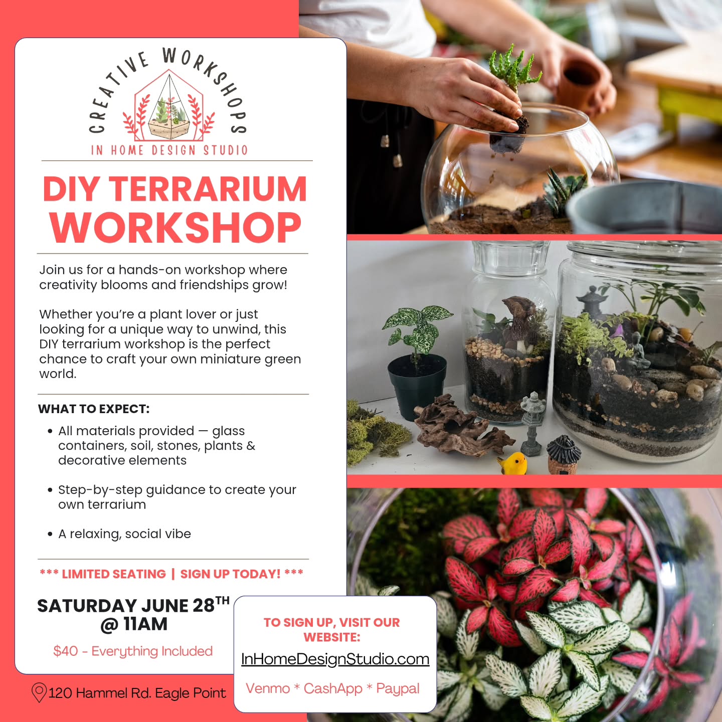 Only 5 spots remaining! Sign up today and come make a terrarium with me!
$40 Includes everything!
Sign up deadline is June 25th, so hurry! Reserve you spot!
#terrariumeaglepoint #diyterrarium #terrariumworkshopeaglepoint