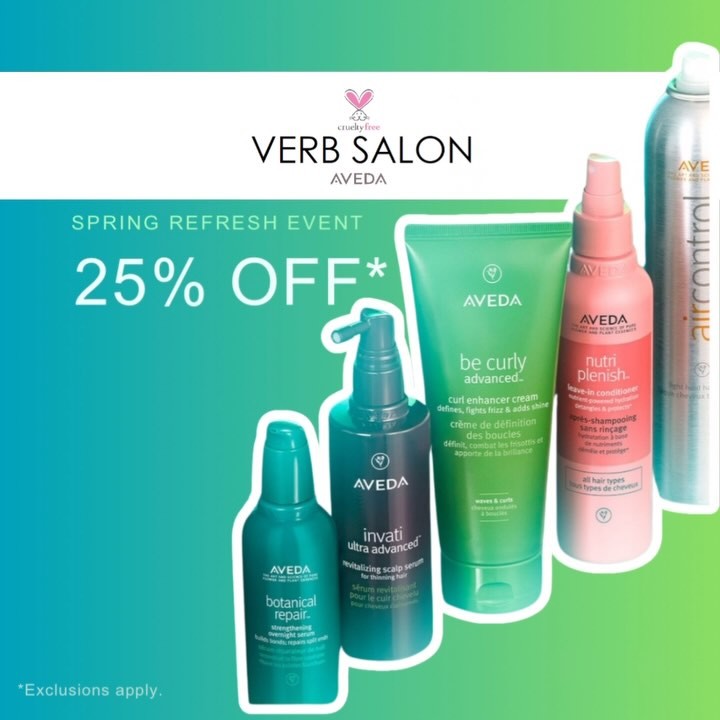 🌸 Your Spring Refresh is HERE! 🌸 Refresh your routine with 25% OFF all Aveda products starting April 2nd! ✨
Visit us in salon for personalized Aveda recommendations from our experts!
#LoveThatAveda #AvedaSalon #SpringGlowUp #AvedaSpringRefresh #AvedaSkinCare #SpringHair #VerbSalon #AvedaToronto