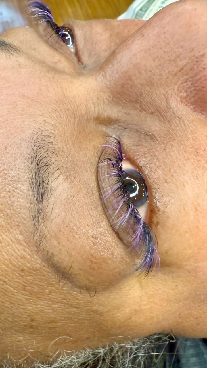 This is a whispy hybrid  set with purple!  We can. Do any color. The sky is the limit! Book your customized lash consultation at Kemskin.com