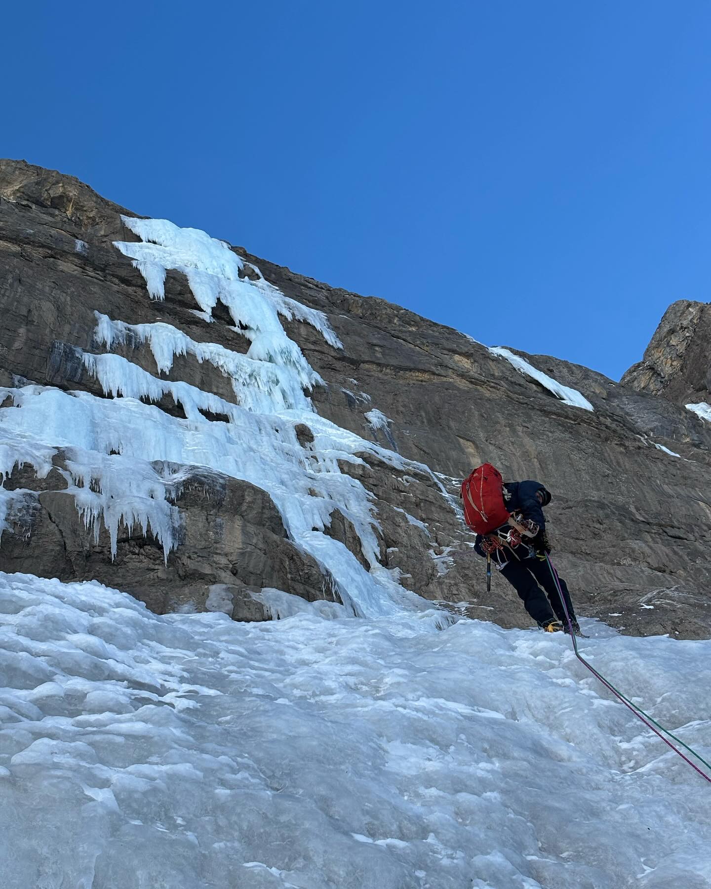 Crack Baby! 👶
This route blew my mind and has also probably spoilt all future ice routes for me by setting the standard so high. It’s just so wild to be hanging off a frozen waterfall with 300m of air swept beneath your feet. I suspect I’ll be searching for another ice route as good for a long time. Thanks @johnmccuneguide for an ace day out a few weeks ago!
@mountainequipment