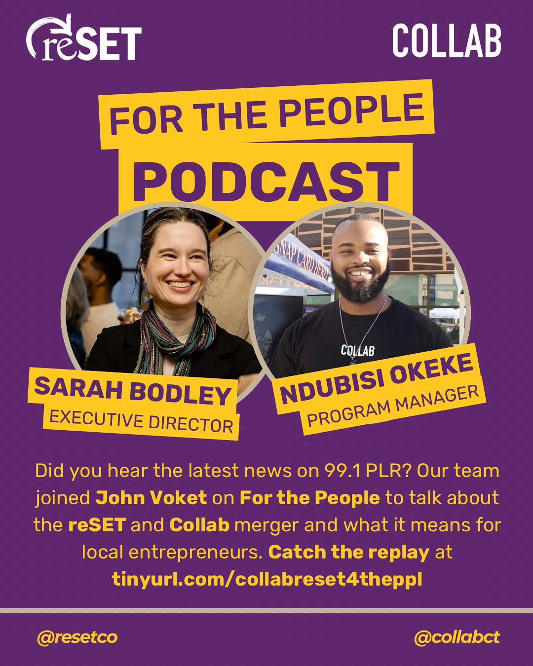 Our team had the incredible opportunity to speak with John Voket on For the People about the exciting merger between reSET and Collab! Executive Director Sarah Bodley and Program Manager Ndubisi Okeke shared how this collaboration will strengthen support for Connecticut’s entrepreneurs and expand resources for mission-driven businesses.
Hear the full interview at tinyurl.com/collabreset4theppl, and don’t forget to RSVP for our celebration on Thursday, April 3, at CitySeed from 5:30-7:30 PM!
#ctentrepreneurs #collabnewhaven #poweredbyreset