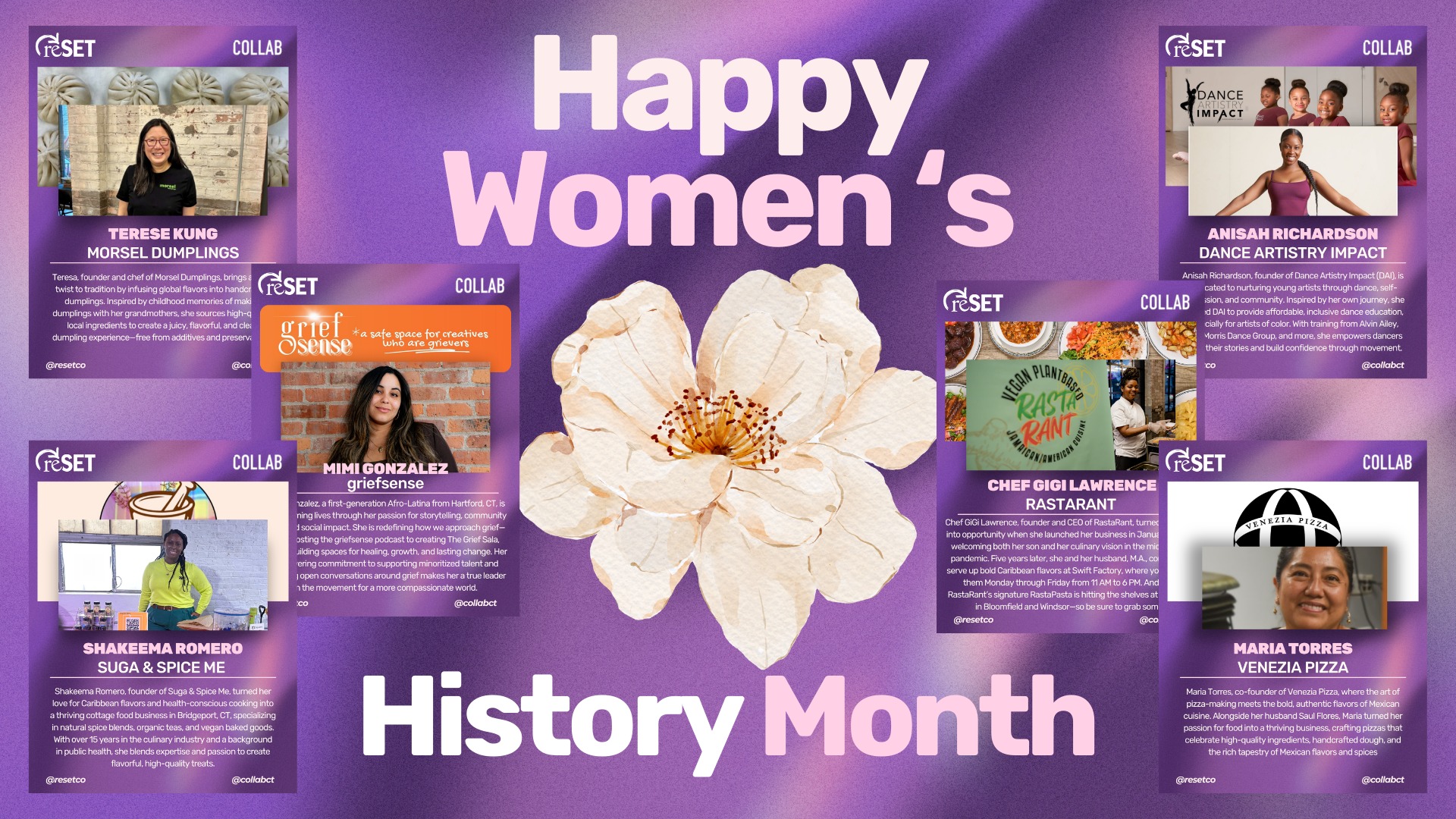 As we celebrate Women’s History Month, reSET is filled with immense pride for the incredible women who have been building and growing their businesses through our programs, including Collab. We are continuously inspired by their dedication, resilience, and the impact they are making in their communities. It is an honor to be part of their entrepreneurial journeys, and we are grateful for the opportunity to support them every step of the way.
In a time when women’s rights are facing unprecedented challenges, we want to take a moment to remind the women in our community that we stand with you. We are committed to offering as much support as possible, now and always. Regardless of how you identify, you belong here, and we are proud to be part of a community that values, uplifts, and supports women in all their forms. Together, we will continue to break barriers, build legacies, and create a brighter future.
#WomensHistoryMonth #reSETxCOLLAB 
#CollabNewHaven
#WomenWhoLead #reSETAlumni 
#CollabAlumni
#PoweredbyreSET