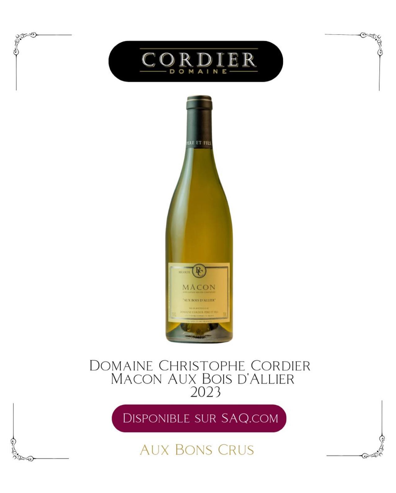 🍷 Nouveauté à découvrir sur saq.com!
Macon Aux Bois d’Allier 2023 du Domaine Christophe Cordier
🍇 Chardonnay 100 %
🍷 D’une belle robe jaune or aux reflets scintillants, limpide et lumineuse. Au nez, des notes de fleurs blanches et de beurre laissent place à la pomme, au coing et à l’amande, sur une toile délicatement boisée. En bouche, on tombe instantanément sous son charme grâce à son gras et à sa rondeur intense en attaque, suivis d’une pointe de minéralité citronnée en finale.
⌛ Maintenant et sur 3 ans encore.
🍴 Morue poêlé sur purée de céleri-rave.