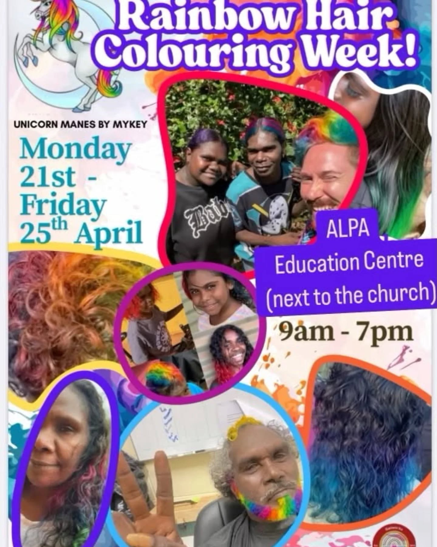 In collaboration with our friends from @unicorn_manes_bymykey , Mykey and friends  will be volunteering their time to come up to  Elcho island from :
 Monday 21st - Friday 25th of April for another exciting week of FREE rainbow 🌈 hair colouring. 
Please come down to the Alpa education building (next to the church building) from 10am everyday.
No appointments needed just turn up. Everyone is welcome!!
Please pass this message to the rest of community