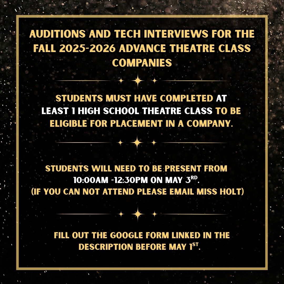 The Google form must be completed in order to interview or audition. https://docs.google.com/forms/d/e/1FAIpQLSfSMl76M1KGoyJPzYxbXMtQb7dwNAR-7ugoqyprMLn3Z9nlqg/viewform?usp=header