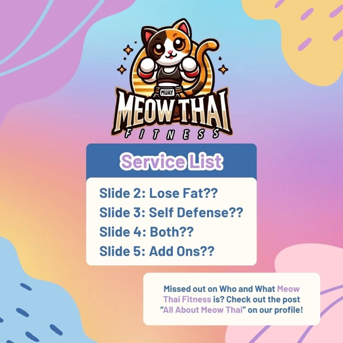 Meow Thai Fitness Service List ✨️✨️
Interested in finding out more? Drop us a message 🥰
#muaythaisg #fitnesssg #sgfitness #personaltraining #personaltrainer #muaythaitraining #muaythaikids #muaythailadies #muaythai