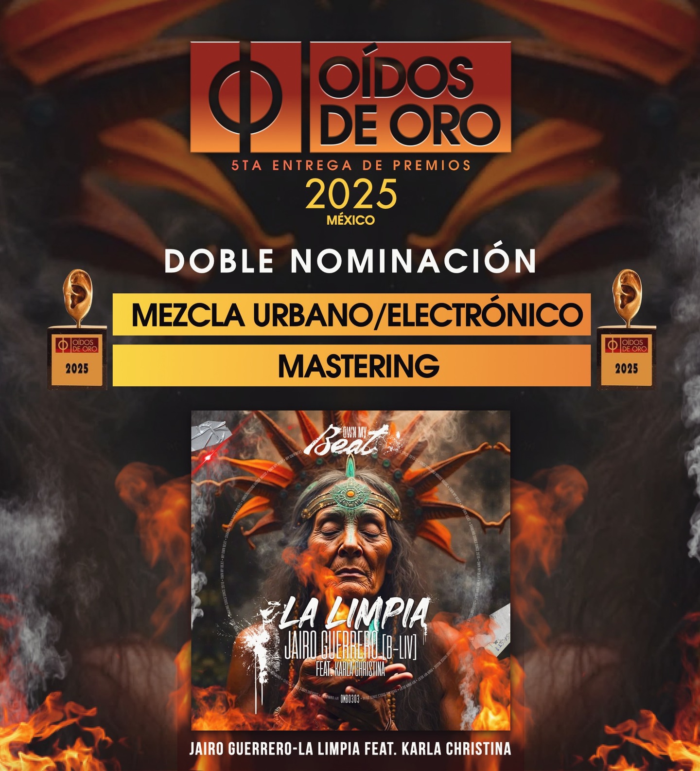 🎧 𝗗𝗢𝗕𝗟𝗘 𝗡𝗢𝗠𝗜𝗡𝗔𝗖𝗜𝗢́𝗡 𝗘𝗡 𝗟𝗢𝗦 𝗣𝗥𝗘𝗠𝗜𝗢𝗦 𝗢𝗜́𝗗𝗢𝗦 𝗗𝗘 𝗢𝗥𝗢 𝟮𝟬𝟮𝟱
Me honra compartir que he sido nominado en dos categorías en los Premios Oídos de Oro 2025:
🔸 Mejor Mezcla Urbano-Electrónico
🔸 Mejor Mastering
La pieza nominada es “La Limpia”, un track de afro house, creado para la pista de baile, con la voz poderosa de Karla Christina como featuring. Un tema que ha tenido gran recepción en plataformas especializadas de música electrónica como Traxsource, y que ahora también es reconocido por su construcción técnica en mezcla y masterización en los Premios Oídos de Oro 2025.
Y lo más significativo: es la primera vez que participo en estos premios, lo cual hace que esta doble nominación haya sido una grata sorpresa y, al mismo tiempo, un reconocimiento que valoro profundamente.
Los Premios Oídos de Oro reúnen a más de 5,000 profesionales del audio en México y América Latina: ingenieros de mezcla y masterización, técnicos, productores, académicos, estudios y especialistas en sonido. Es una comunidad que vive el audio desde el oficio, la precisión y el criterio. Personas cuyo trabajo admiro profundamente y de quienes valoro especialmente este reconocimiento.
Gracias a todos ellos por escuchar con atención y criterio, y a Juan Switalski, cabeza de esta iniciativa que, por quinto año consecutivo, impulsa y fortalece la industria del audio profesional.