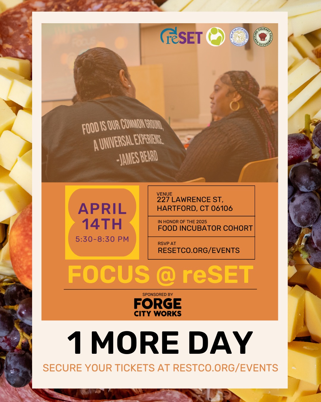 ? ONE MORE DAY! Tomorrow’s the night! FOCUS at reSET (F@R) is happening Monday, April 14 from 5:30–8:30 PM at The Lyceum.
Come be part of the fun, give live feedback to our Food Incubator cohort, and connect with fellow foodies + founders!
?️ RSVP while you still can: resetco.org/events