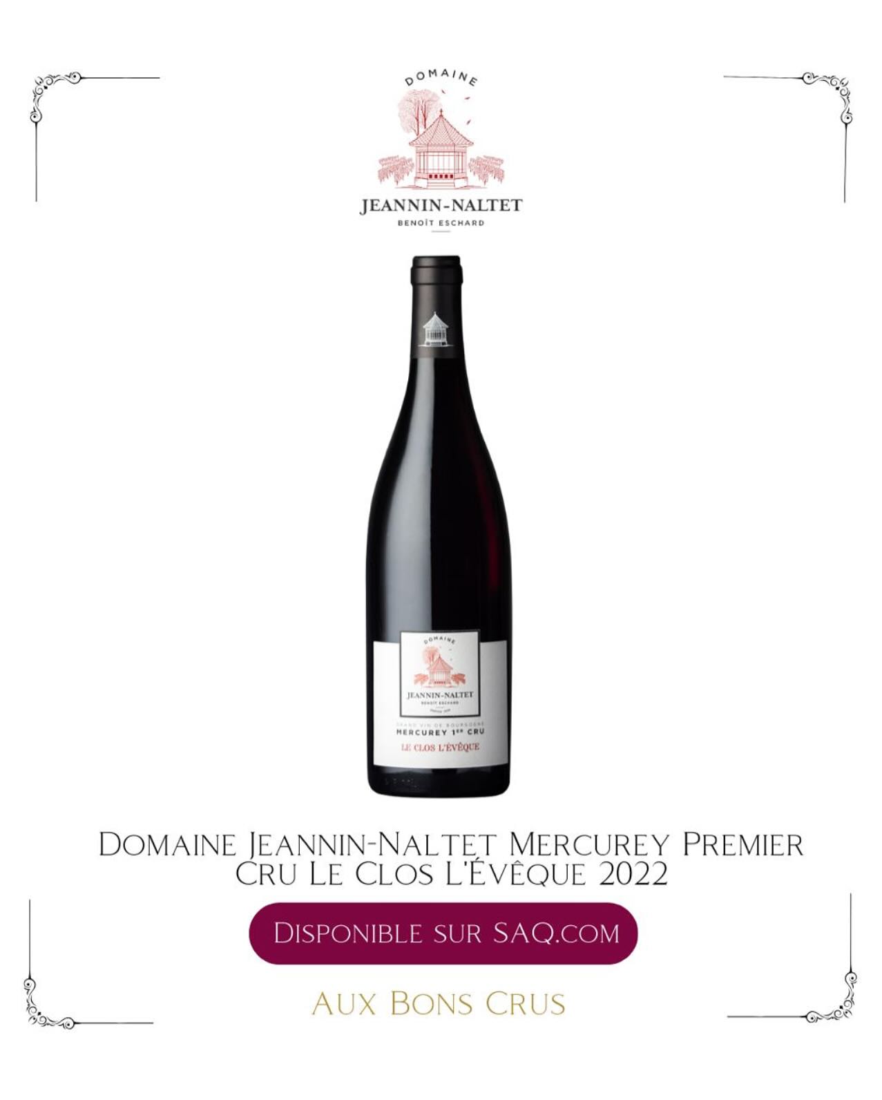 Nouveauté à découvrir sur SAQ.com!
Mercurey Premier Cru Le Clos L’évêque 2022 du domaine Jeannin-Naltet
🍇 Pinot noir 100 %
🍷 Robe rubis intense aux reflets grenat, limpide et brillante. Le nez séduit par sa complexité aromatique : petits fruits rouges mûrs, cerise noire et framboise se mêlent à des touches d’épices douces, de violette et de sous-bois. En bouche, l’attaque est soyeuse, soutenue par une trame tannique fine mais présente. L’équilibre est remarquable entre fraîcheur, profondeur et générosité.
⌛ Déjà accessible, il gagnera en finesse sur les 6 à 8 prochaines années.
🍴 Feuilles de vignes et gratin d’aubergines à la sauce tomate