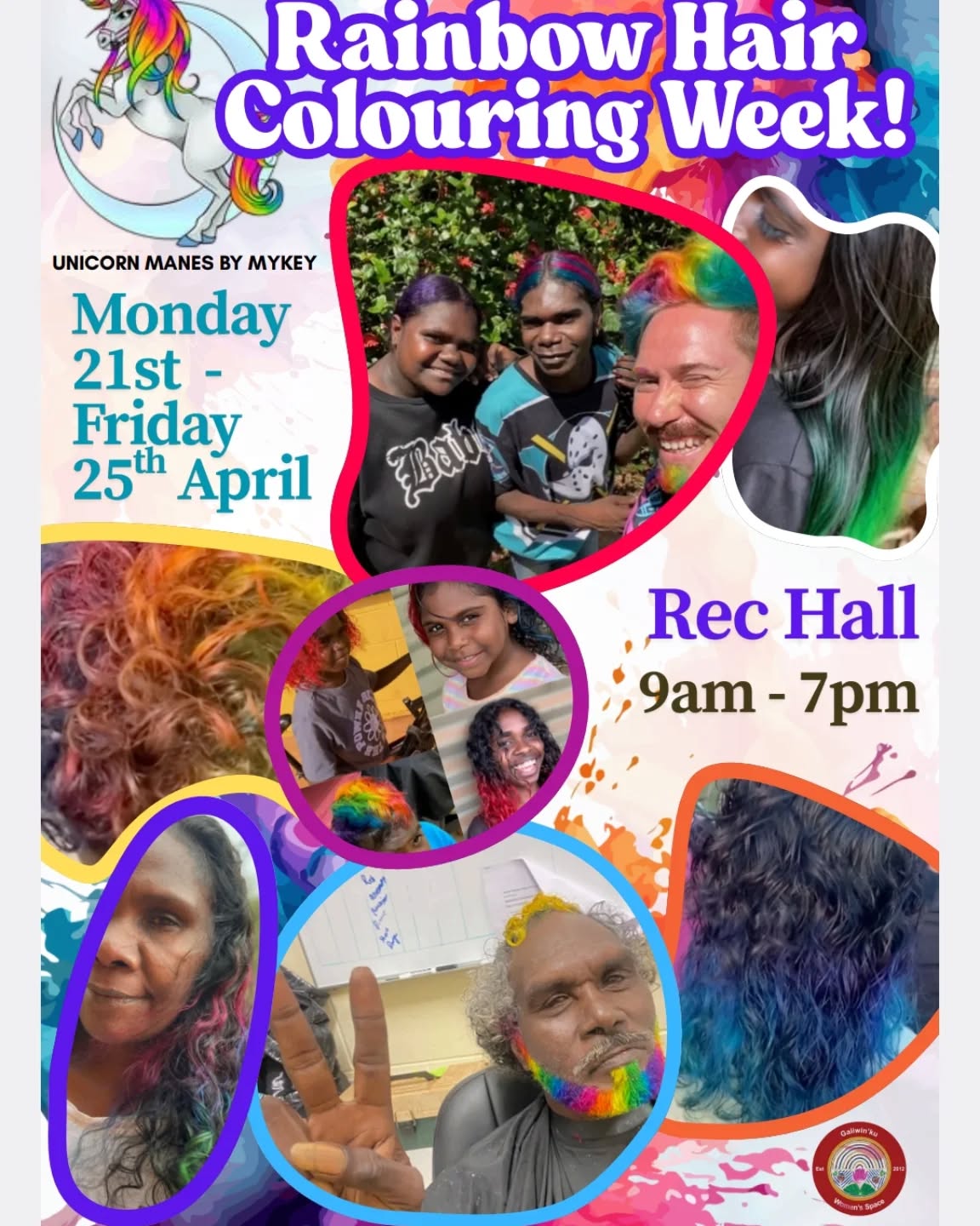 Good morning Bukmak !
Rainbow 🌈 hair colouring week has finally arrived. MONDAY 21 APRIL - Friday 25 April.
Please come down to the sports and rec and get your hair coloured by @unicorn_manes_bymykey .
From 9am - 7pm
1st come , 1st served