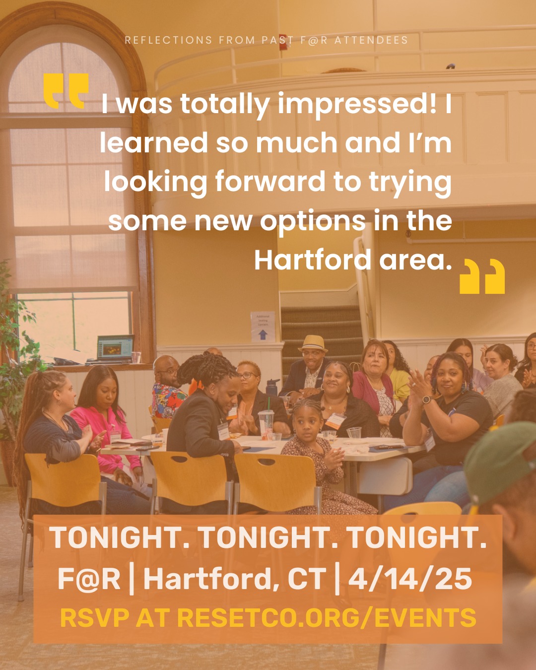 ? TONIGHT’S THE NIGHT!
 Join us at The Lyceum from 5:30–8:30 PM for FOCUS at reSET (F@R) — the ultimate mix of pitch night + feedback party! It’s not too late to RSVP, bring a friend, and help shape the future of CT’s food scene. 
?️ Grab your spot: RESETCO.ORG/EVENTS