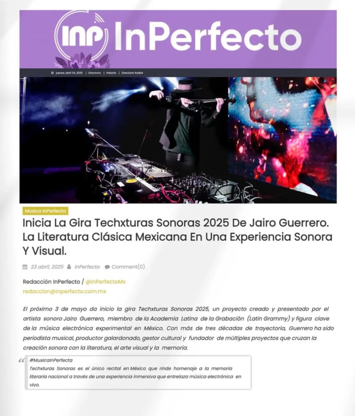 Estoy a 4 días de iniciar la gira de mis Techxturas Sonoras de este año.
El sábado 3 de mayo comienza con el recital de apertura en el Fondo México de la Biblioteca de México, y estoy muy emocionado por ello.
Estar de nuevo con todos ustedes en el escenario, a través de la memoria literaria de México y la música electrónica experimental, es un diálogo que anhelo retomar.
Serán más de 20 fechas a lo largo del año, y este sábado, en un lugar tan simbólico, inicia todo; el Fondo México es el corazón del acervo de la Biblioteca, resguarda primeras ediciones y libros fundamentales de nuestra tradición literaria. No podría haber un lugar más coherente para comenzar este recorrido.
Les comparto notas de prensa que han comenzado a salir al respecto, y espero verlos allí.
-
+ Fondo México – Biblioteca de México. La Ciudadela
+ Sábado 3 de mayo
🔥 16 h (4PM)
+ Acceso gratuito
+ Cupo Limitado