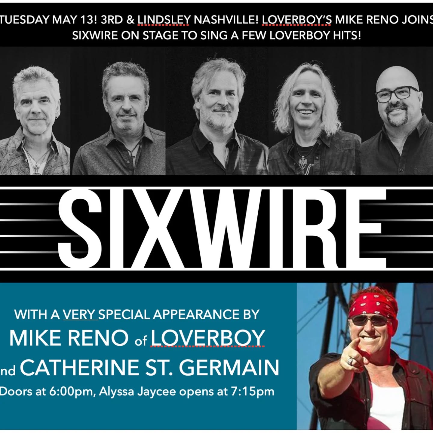 TONIGHT!!! (Tue May 13th) #Sixwire with our very special guests Mike Reno of #Loverboy and Catherine St Germain! 3rd and Lindsey Nashville, 8pm. Come rock (in a very 80s style) with us!
*
*
*.
#MikeReno #SixwireandFriends #Nashville #MusicCity #Bass #BassPlayer #Musician #Lakland #LaklandBass #Aguilar #AguilarAmp #DRStrings #EliteCore #Line6 #Pedalnetics