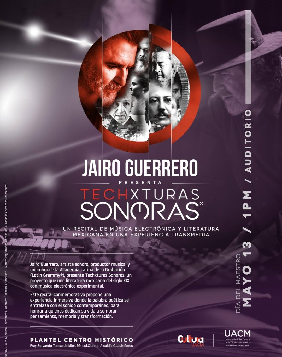 ¡Buen lunes a todos!
Esta semana continúa la gira. Sigue el diálogo entre la palabra literaria de México y la música electrónica: un viaje que en los próximos días tendrá como destino dos espacios fundamentales.
Por un lado, el Auditorio de la UACM, un recinto clave para el pensamiento crítico y las expresiones culturales independientes en la capital. Allí estaré mañana, como acto central de la celebración del Día del Maestro en este importante plantel educativo.
Y el sábado 17, la cita será en el Foro Polivalente Antonieta Rivas Mercado, ubicado dentro de la Biblioteca de México. La Ciudadela. Un lugar emblemático que hoy alberga una de las colecciones bibliográficas más importantes del país.