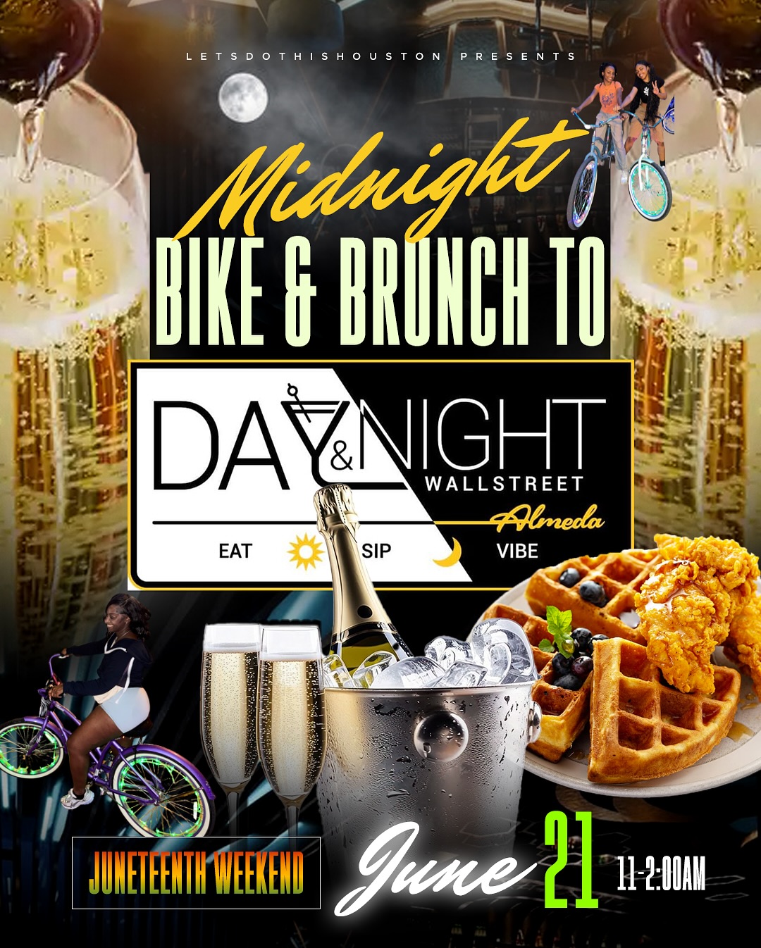 🗣️ June 21st we want you to PULL UP at
📍@3rdwardtours to experience our very first 🌙 Midnight 🕛 ✨#BikeandBrunch 🚲💨 to the ALL NEW 24/7 @dayandnightalmeda 🧇🍳🍾🥂 #Juneteenth Weekend 11pm -2am 
#Tag friends that would join you as we cruise down Almeda on LED bikes for a great food, music and plenty more!! 
Link in the bio to grab an EARLY BIRD TIX TODAY!! 
#htx #thingstodoinhouston #htown #letsdothishouston #3rdwardtours #brunchhouston #houstonevents #downtownhouston #nightlightbikeride