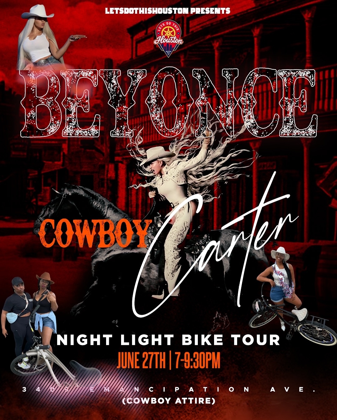 The #CowboyCarterTour 🐎 is coming to #Htown and 📍@3rdwardtours is  kicking off the tour this Friday June 27th 🤘🏽 in @beyonce hood the Historic #ThirdWard 7-9:30pm‼️
Guest will also get to stop and check out the all 🆕 @beyonce mural @grooves
Come rocking your Cowboy 🤠 attire as we cruise the #Houston streets and stop for food & drinks along the way!! 
Swipe ↔️ to see how it works! 
Tag 🤳🏾friends on this post that would join you for a night of fun!! 
#thingstodoinhouston #htown #biketours #houstonevents #3rdwardtours #letsdothishouston #beyonce #cowboycarter