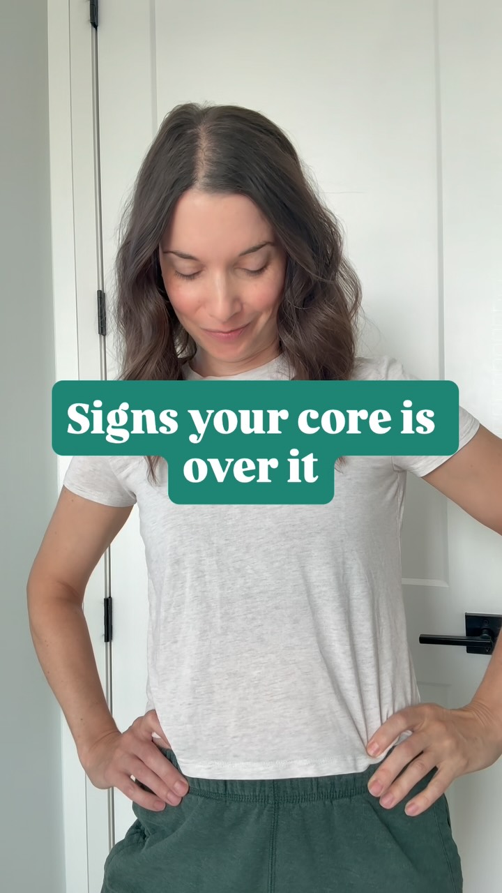 Which one of these had you surprised that your core might be asking for help?
Doming:
If you notice your belly has a hard bulge or a dome or cone shaped ridge, that usually means there’s a lot of unwanted pressure happening, and your core isn’t working as well as we’d like. This is also something we want to rein in to improve diastasis recti.
Leaking:
Yes, core and pelvic floor are intricately connected- they’re like BFF’s (in fact, your pelvic floor is considered part of your core system). That pressure I was just talking about can also lead to unnecessary pressure on your pelvic floor. On the flip side, when your core muscles are firing properly, they support your pelvic floor muscles.
Back pain:
Your core supports your back, no question. When that support is lacking, your back often compensates, trying to do a job it’s not meant to.
Sucking in all day:
Whether because of habit, wanting to look good in a cute outfit, or wearing pants with a tight waistband, that constant sucking in means your core muscles aren’t ready to fire- they’re just tired.
The good news is patterns can change. You can build a different relationship with your core. (And btw you can earmark this fall for my Core Confidence Program to learn how to have your most functional core ever)