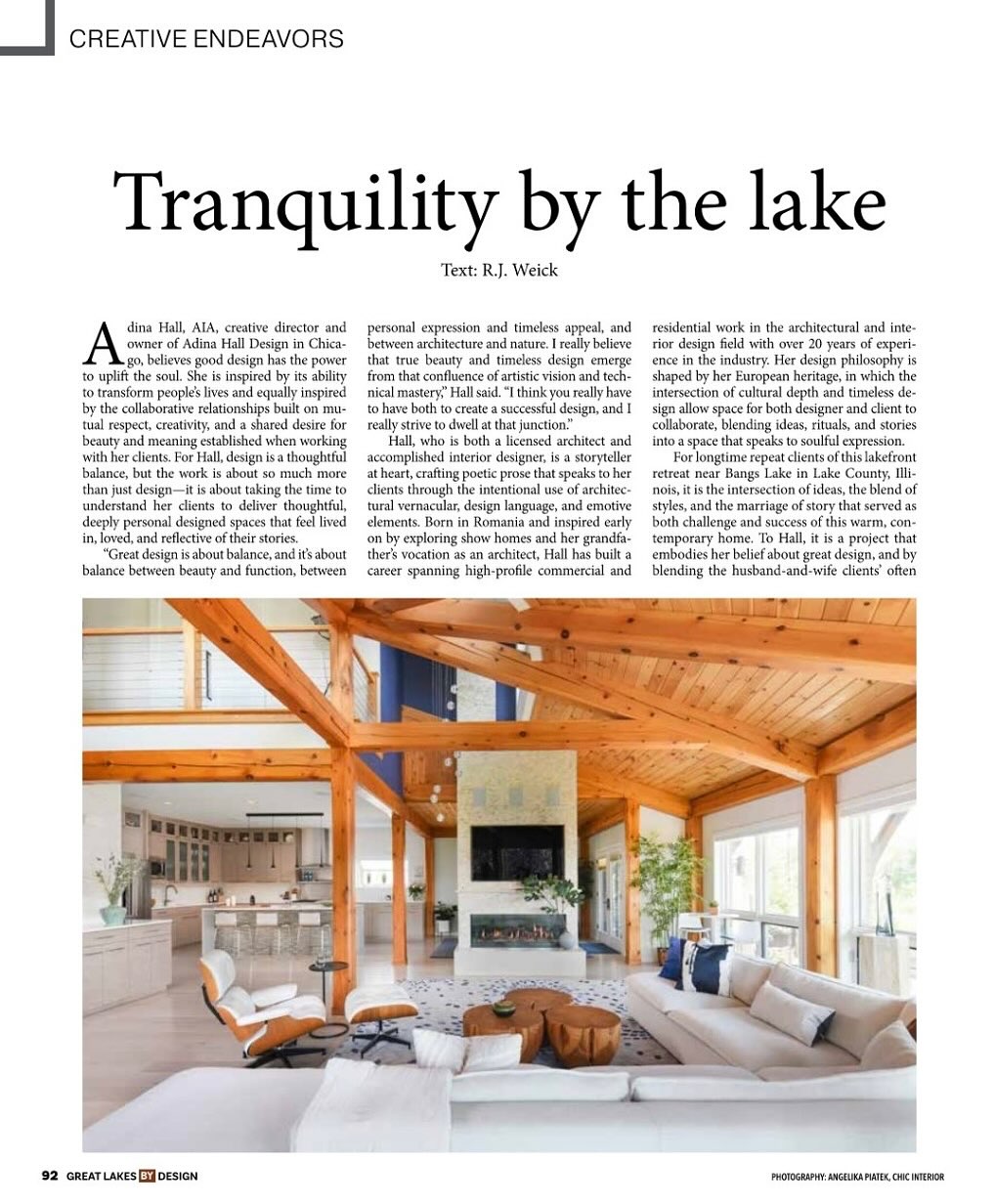 What happens when a modern minimalist marries a warm, rustic design lover?
This lakefront retreat on Bangs Lake.
It’s our fourth project with these longtime clients—this time transforming their new custom lake home into a space that feels like a forever vacation.
We blended two completely different styles—sleek and contemporary meets cozy and crafted—to create a soulful, multi-generational retreat for quiet daily life and big family gatherings.
The result?
A custom lakefront home that balances beauty, functionality, and biophilic design—featured in Great Lakes By Design Magazine!
✨ Full story on the blog
📖 Print feature in Great Lakes By Design
📩 Let’s dream up your next retreat: adinahall.com/contact
Design by @adinahalldesign
Photography by @angelikapiatek
Published by @greatlakesbydesign