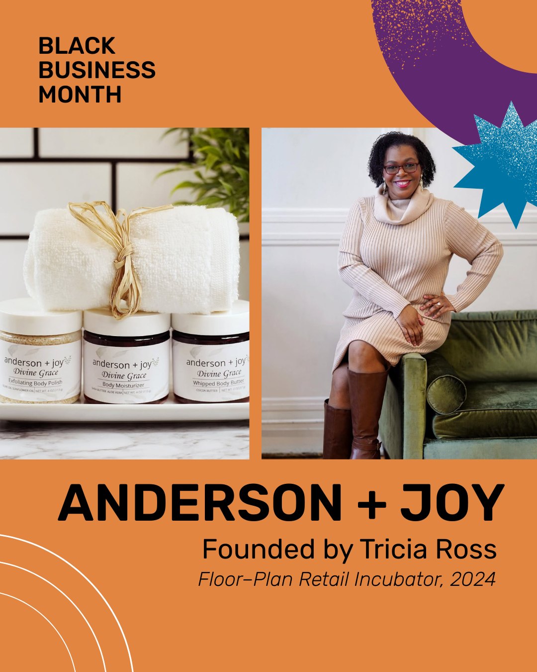 In honor of Black Business Month, we’re highlighting a few of the many amazing black business owners we’ve had the pleasure of working with at Collab+reSET:
Anderson + Joy (@andersonandjoy), founded by Tricia Ross, is a handmade, certified vegan and cruelty-free bath and body care, pet care, and home fragrance collection featuring products that are free from parabens, sulfates, phthalates, and mineral oil. 
Dance Artistry Impact (@danceartistryimpact), founded by Anisah Richardson, is an affordable dance studio and safe space for Black and Brown dancers, offering quality dance education and encouraging self-expression through performing arts, with a unique focus on cultural representation, personal growth, and events that foster creativity and self-love.
Chef Damone Johnson (@chefdamonejohnson) blends his Jamaican-American heritage and immense love for world cuisine into the dishes he cooks up with his company Island Infusions Catering @islandinfusionscatering. Last month, Damone launched a food truck, @tamarindthyme! Congrats, Damone! ?
More Amour Boutique (@moreamourboutiquect) founded by Kimberly Sewell-Poole, dazzles with its retro-chic fashion, offering bold, one-of-a-kind statement pieces that blend timeless elegance with a modern edge. The boutique empowers its customers to express their unique styles confidently with stylish, affordable clothing and accessories. Shop online or in-person in The Shops at Yale at 1130 Chapel Street in New Haven.
REIZERCO (@reizerco) features cut-and-sewn premium clothing, founded by Chaurielle Robinson in honor of her friend Ruben Johnson, who passed away from brain cancer at the age of 16. This brand exists to carry on his legacy and promote the values he stood for: embracing individuality and being true to yourself.
Suga & Spice Me (@sugaandspiceme), founded by Shakeema Romero, offers a diverse range of natural food products while catering to individuals with food sensitivities. Our baked goods include muffins, cakes, and tarts that can be made dairy-free, and gluten-free with minimally processed flours and sugars catering to consumers who are health conscious.
More black entrepreneur alumni highlights to come!