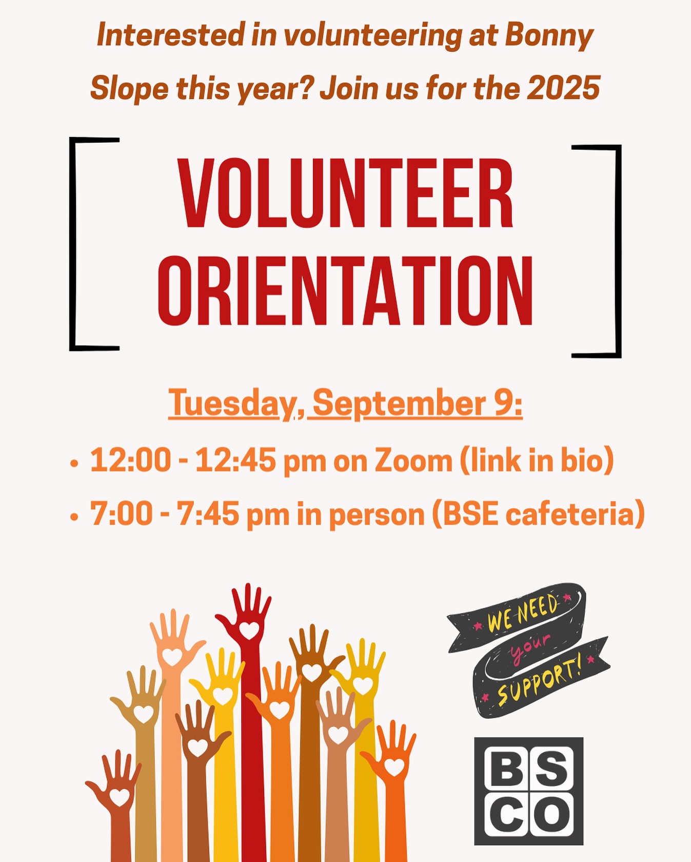 ๐จ UPDATE! The in-person 7 pm training is cancelled. But the zoom training will be recorded and posted on the BSCO WEBSITE!
Join us next week on Sept 9 to learn all about volunteering at Bonny Slope! This is a helpful training for both new and returning volunteers. You can attend on Zoom during the day or in-person in the evening - find details and sign up on ParentSquare!