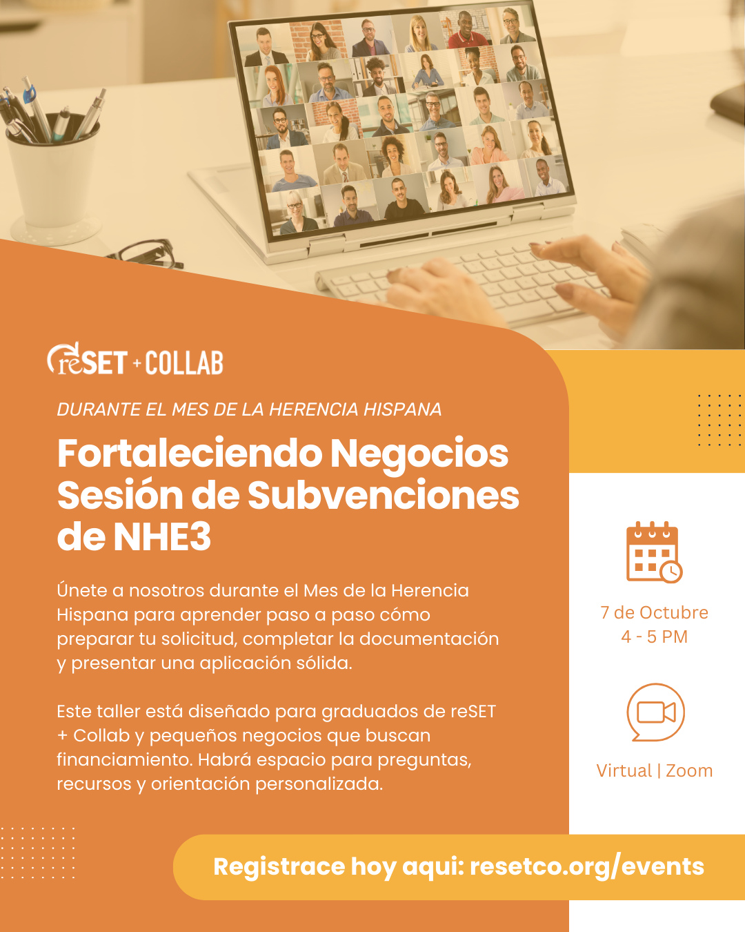Fortalece tu negocio durante el Mes de la Herencia Hispana!
Acompáñanos en nuestra Sesión de Subvenciones NHE3 para aprender paso a paso cómo preparar tu solicitud, completar la documentación y presentar una aplicación sólida.
Martes, 7 de Octubre, 2025 | 4–5 PM
Virtual por Zoom
Regístrate hoy en resetco.org/events
#hispanicheritagemonth #latinebusiness #latinect #hispanicheritage #NegociosDeComida #EmprendedoresLatinos #EmprendedoresLatine