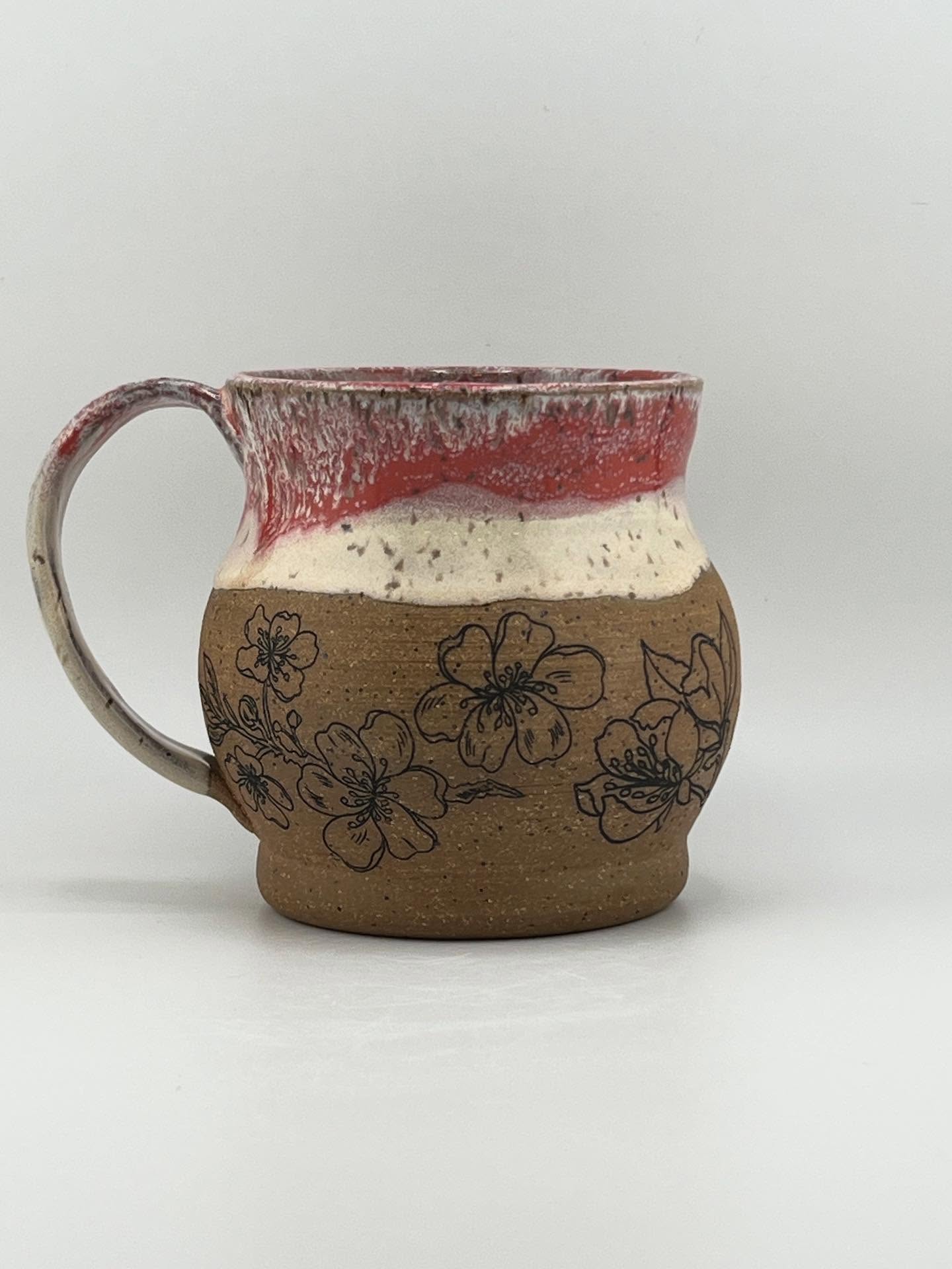 The mug is made with Speckled Turtle clay. The glaze is Cosmos with Coral Gloss on top. Probably some Light Flux on the rim as well. Available at the New Albany Farmer’s Market tomorrow, 09/20/25. If it doesn’t sell then I’ll bring it to my booth at the Portland Art & Heritage Fair at the Portland Museum 09/27/25.