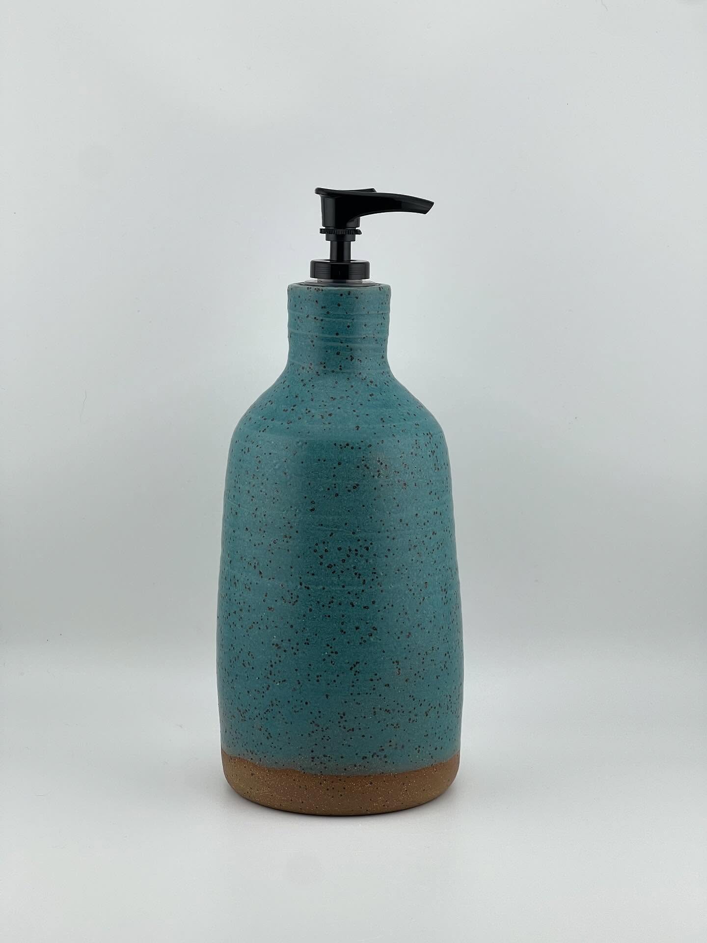 Collection of Soap Dispensers. Don’t you hate it when you reach for that little dinky plastic soap dispenser and it falls over? Ditch the plastic and use one of these. Not only will they not fall over they look better too. Clay is all Speckled Turtle. Glazes are Sunflower, Turquoise Jewel and Sweet Pea.