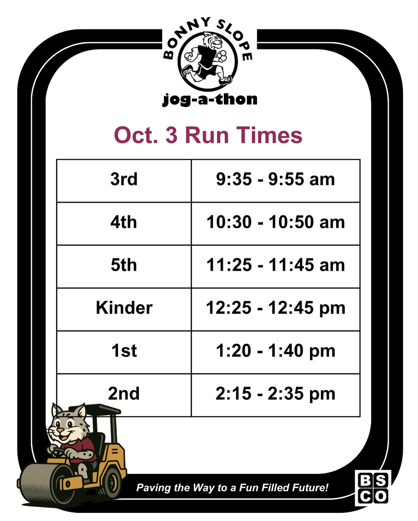Happy Jog-A-Thon week! ๐โโ๏ธ๐โโ๏ธ๐โโ๏ธ
A friendly reminder on run times for each grade, and that if you plan on entering the field to cheer on your kid(s) you MUST:
1. Be approved on Raptor, and
2. Fill out the spectator form by October 1st! You can find the RSVP form linked in our bio. โ