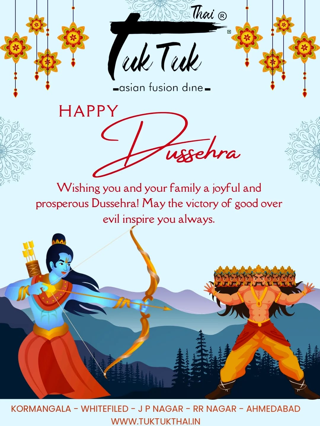 May the divine light of Dussehra bring you peace, prosperity, and the triumph of all things good. ✨🙏🌟 This festive season, we celebrate the victory of purity, authenticity, and flavour. 🎉😊🥳
Wishing you and your loved ones a very Happy Dussehra from the entire Tuk Tuk Thai family! 💖👨👩👧👦🎊 Come, share a meal and create beautiful memories with us. 🍽️🎈✨
Find your celebration spot:
📍 Koramangala: @tuktukthai.koramangala
📍 Whitefield: @tuktukthai.whitefield
📍 JP Nagar: @tuktukthai.jpnagar
📍 RR Nagar: @tuktukthai.rrnagar
📍 Ahmedabad: @tuktukthai.ahmedabad
#Dussehra #HappyDussehra #Vijayadashami #TukTukThaiIndia #FestiveWishes #GoodOverEvil #Celebration #FamilyDinner #PureVeg #BangaloreFoodies #AhmedabadFoodies #FestivalOfIndia