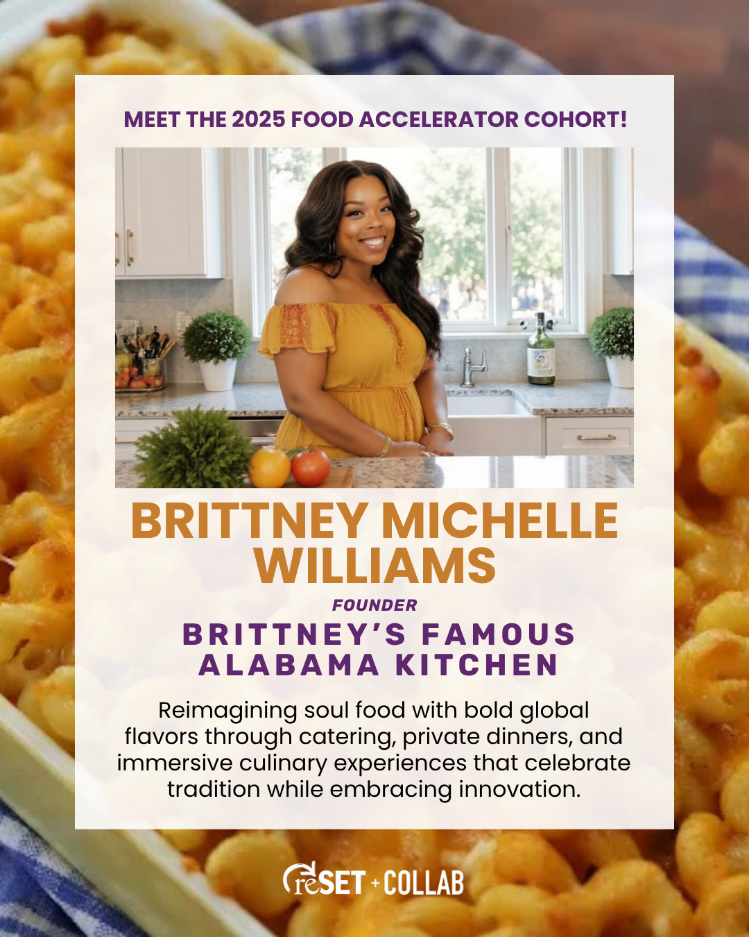 Introducing the 2025 Food Accelerator Cohort!
Brittney Michelle Williams is a chef, storyteller, and entrepreneur with over a decade in the food service and restaurant industry. Through Brittney’s Famous Alabama Kitchen (@famousalabamakitchen), she reimagines soul food with bold global flavors, creating immersive dining experiences and community-centered events that celebrate tradition while embracing innovation.
We’re thrilled to welcome Brittney back after graduating from the 2024 Collab Food Business Accelerator!
#ctfoodbiz #foodbiz #foodaccelerator #foodbusiness #ctfoodbusiness #soulfood