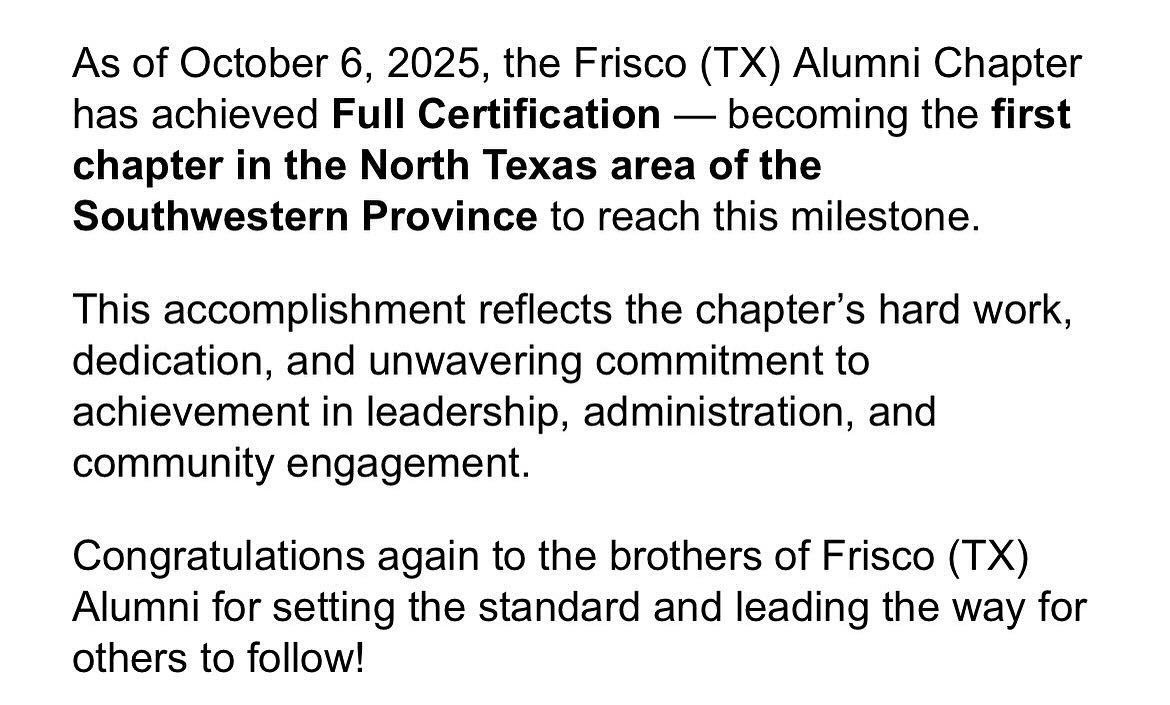 📣 FAC Leads the Way! Frisco (TX) Alumni Chapter is officially the first chapter in North Texas to complete the 2025–2026 Chapter Certification
This isn’t just a checkbox—it’s a declaration. We’re organized, compliant, and ready to lead, serve, and elevate. 💪🏾
From bylaws to leadership roles, we’ve locked in our foundation and set the tone for an impactful 2025-2026 fraternal year.
Let’s continue to elevate, FAC! 🔺 #KappaAlphaPsi #FriscoNupes #ChapterCertified #LeadershipInAction #FACElevates #AchievementInEveryField