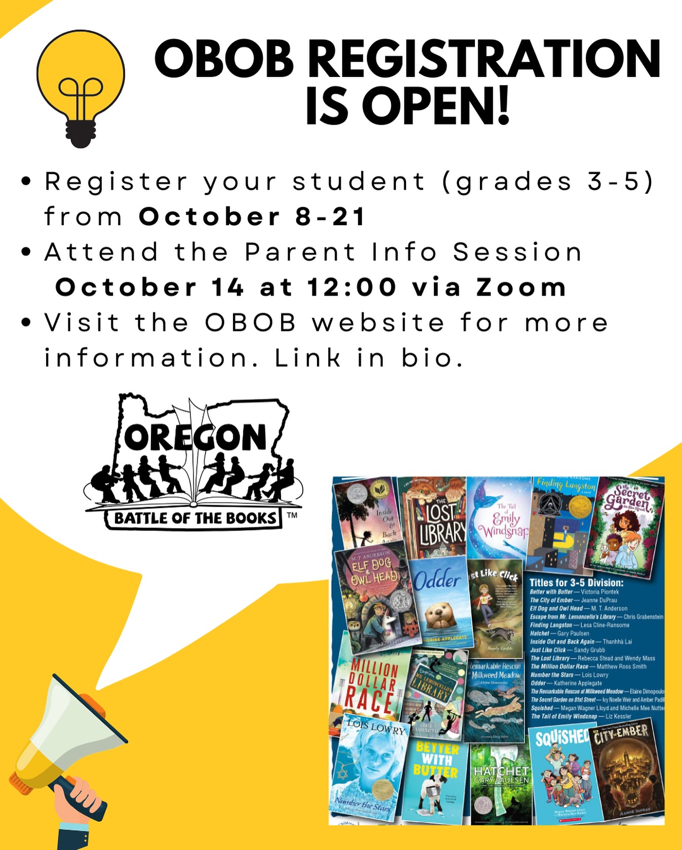 OBOB registration is now open! Students in 3rd, 4th, and 5th grade are invited to compete in the 2025-2026 season of Oregon Battle of the Books ๐ Find more details and sign up at the OBOB link in our bio!