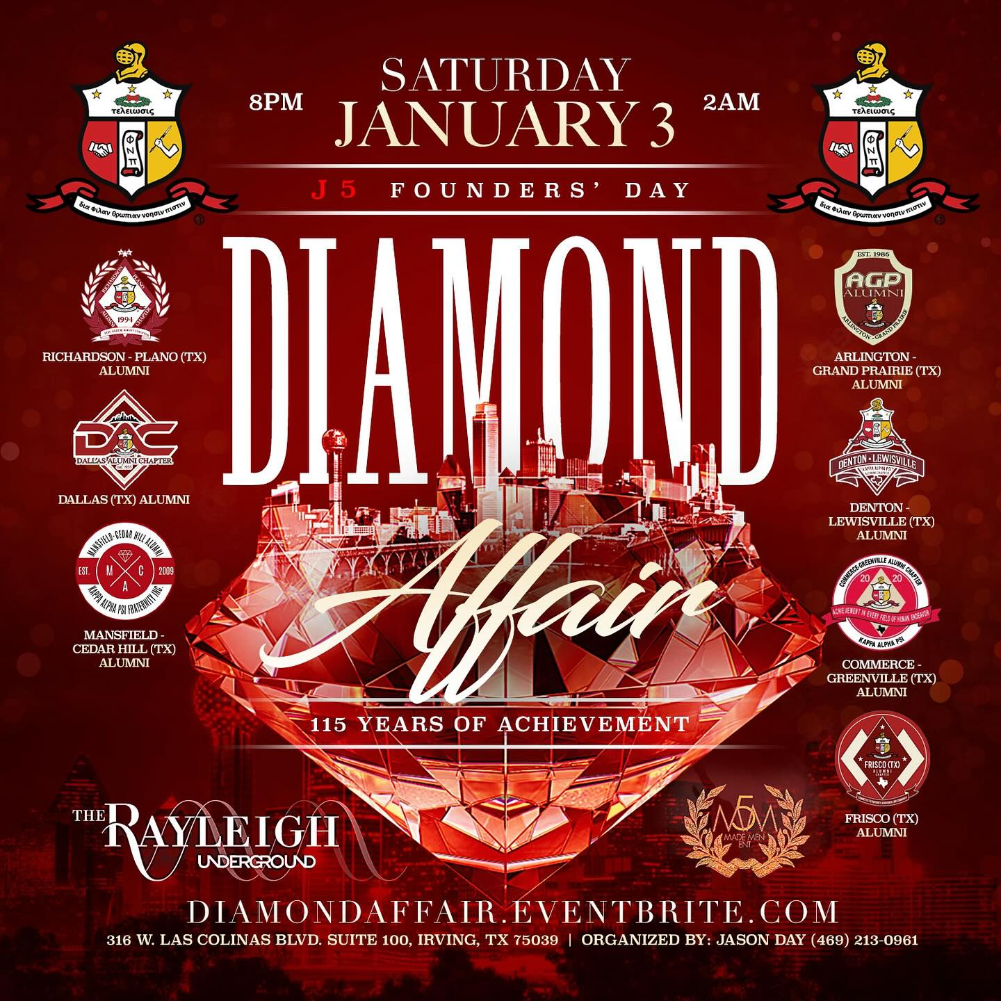 It’s time to celebrate 115 Years of Achievement! Join us for an unforgettable night of elegance, brotherhood, and distinction. Diamond Affair - J5 Founders’ Day Celebration! The Rayleigh Underground - Irving, TX 👌🏾♦️
Saturday, January 3 | 8PM - 2AM
Tickets & details: DiamondAffair.Eventbrite.com
#kappaalphapsi #j5 #foundersday #diamondaffair #achievement #brotherhood #nupes #dfwnupes
#115yearsofachievement
♦️ Hosted by the Distinguished DFW Alumni Chapters & @5MadeMen♦️ @themac_nupes @dac_nupes @friscoalumnikappas @rpakappas @dlanupes @cganupes @agpkappas
