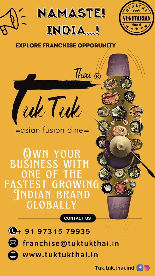 🌏 Tuk Tuk Thai – Asia’s Boldest Vegetarian Brand Is Expanding! 🥢
From the streets of Bengaluru to every corner of India — we’re inviting passionate entrepreneurs to join our flavorful journey!
💚 100% Vegetarian | Zero Maida | No MSG | No Artificial Flavours
💛 70% Jain Menu | Indo–Asian Fusion | Strong Brand Presence
Dreaming of running your own premium veg Pan-Asian restaurant?
Now’s your chance to bring Tuk Tuk Thai to your city!
📍 Expanding in: Chennai | Hyderabad | Mumbai | Pune | Delhi NCR | Jaipur | Kolkata | Mysore | Gujarat | Kerala
📞 Call: +91 96112 62717
🌐 Visit: www.tuktukthai.in/franchise
✨ Tuk Tuk Thai – Where Profit Meets Purpose & Asia Meets India.
#TukTukThaiFranchise #FranchiseOpportunityIndia #PanAsianRestaurant #VegetarianFranchise #NoMaidaNoMSG #AsianFoodIndia #HealthyDiningIndia #RestaurantBusinessIndia #TukTukThaiIndia