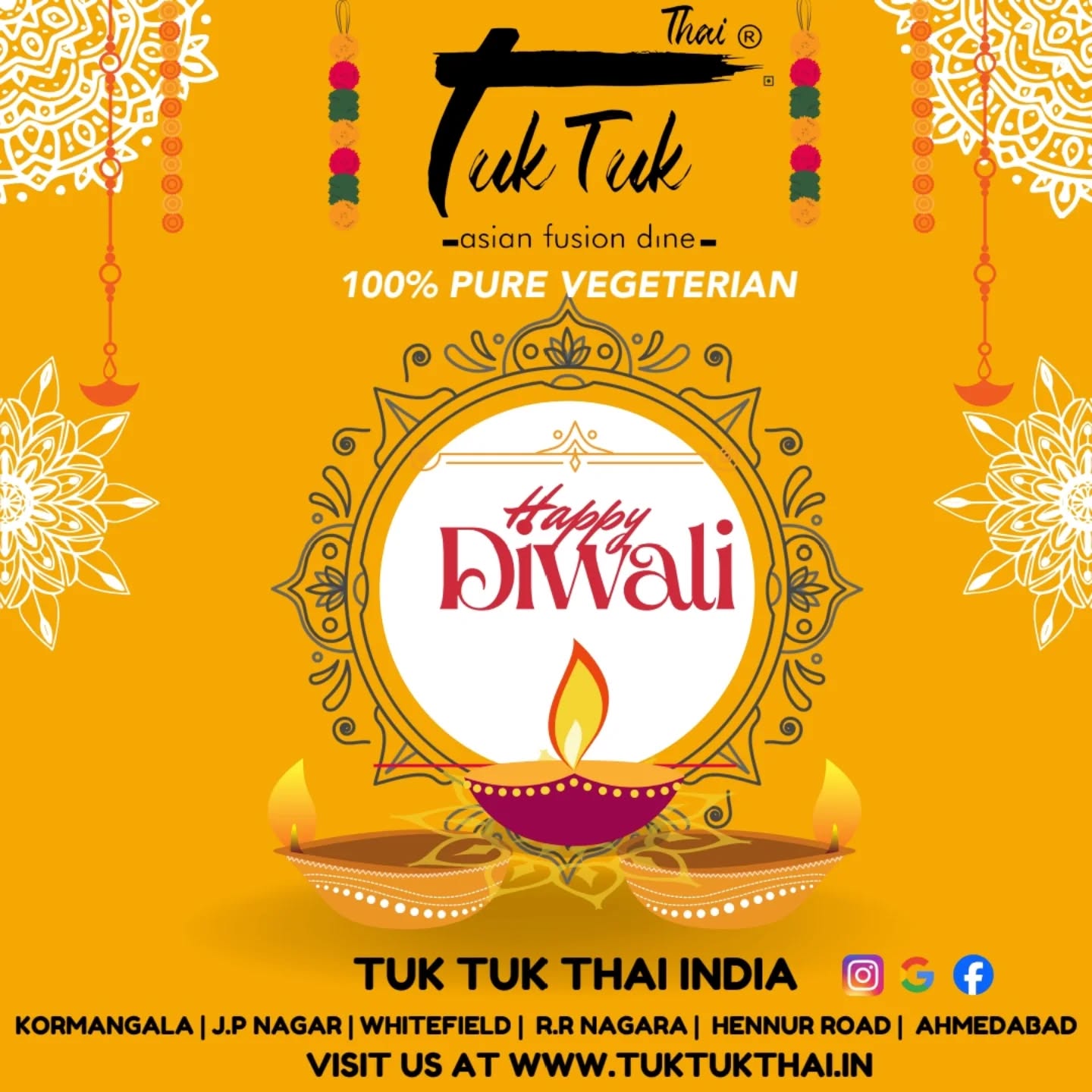 May the glow of a thousand diyas light up your life with peace, prosperity, and timeless joy. ✨
This festive season, we wish you moments of pure happiness, flavourful celebrations, and cherished memories with your loved ones.
Wishing you a bright and beautiful Happy Diwali from the entire Tuk Tuk Thai family!
Celebrate with us:📍
@tuktukthai.koramangala
@tuktukthai.whitefield
@tuktukthai.jpnagar
@tuktukthai.rrnagar
@tuktukthai.hennur
@tuktukthai.ahmedabad
🌐www.tuktukthai.in
#HappyDiwali #Diwali2025 #TukTukThaiIndia #FestiveWishes #FestivalOfLights #PureVeg #FamilyDining #Bangalore #Ahmedabad