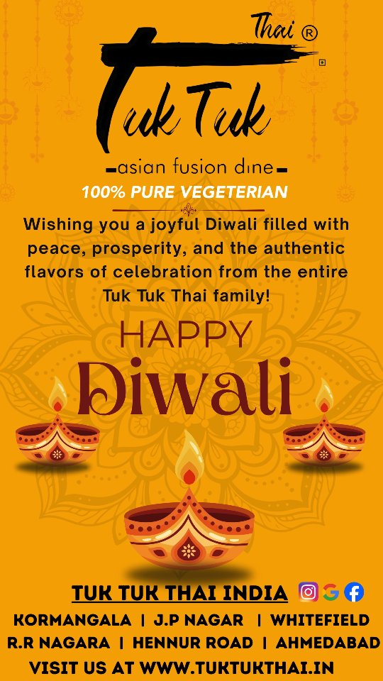 We're celebrating the triumph of light, the joy of togetherness, and the dazzling flavours of authentic, pure veg Pan-Asian cuisine.
Wishing you a year filled with prosperity, happiness, and unforgettable feasts. Happy Diwali from your entire Tuk Tuk Thai family across Bengaluru and Ahmedabad!
All our outlets are open to celebrate with you:
📍 Koramangala
📍 Whitefield
📍 JP Nagar
📍 RR Nagar
📍 Hennur
📍 Ahmedabad
🌐www.tuktukthai.in
#HappyDiwali #DiwaliFeast #TukTukThai #GoldenSushi #FestiveMenu #PureVegDiwali #PanAsianFood #BangaloreFoodies #AhmedabadFoodies #Celebration