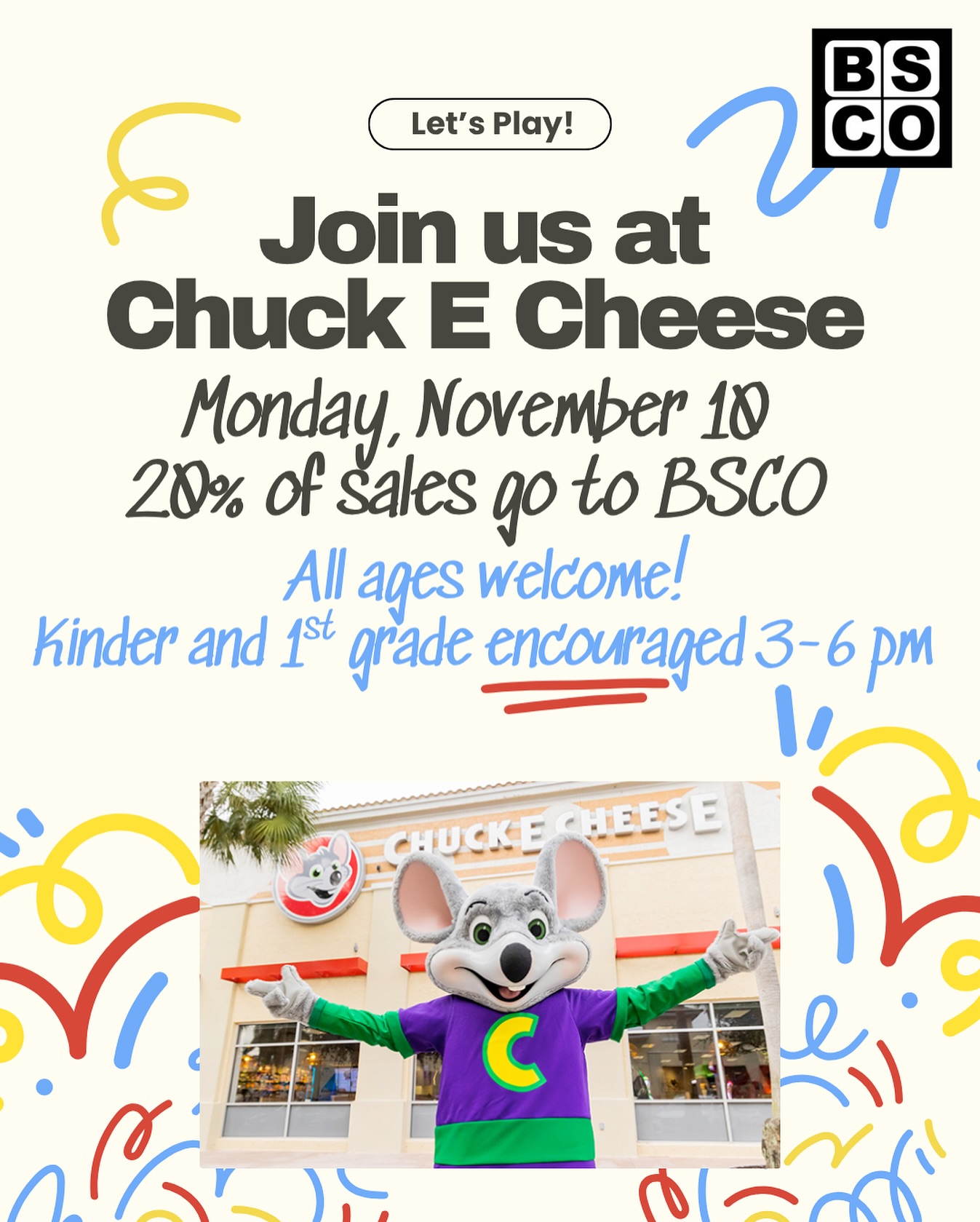 โโTis the season for long weekends! If you are looking for something to do on November 10th (no school day) we invite you to join us at Chuck E Cheese! This is a great way to have fun hanging out with Bonny Slope friends - and 20% of sales from the day comes back to BSCO! All ages are welcome but we encourage Kinder and 1st grade families to come between 3 and 6 pm to mingle. You can RSVP via the link in our bio!