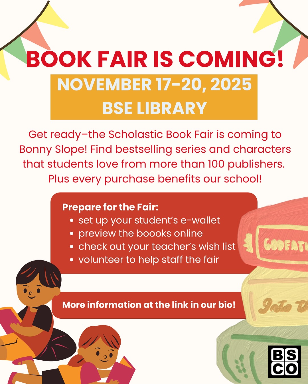 Book Fair will be at Bonny Slope next week! ๐๐๏ธ All classes will have a chance to shop the Book Fair between November 17th and 20th. You can shop with your student after school on 11/17 3-4 pm or during Family Night on 11/19 3-6:30 pm. Find more details - and set up your studentโs e-wallet - at the link in our bio!