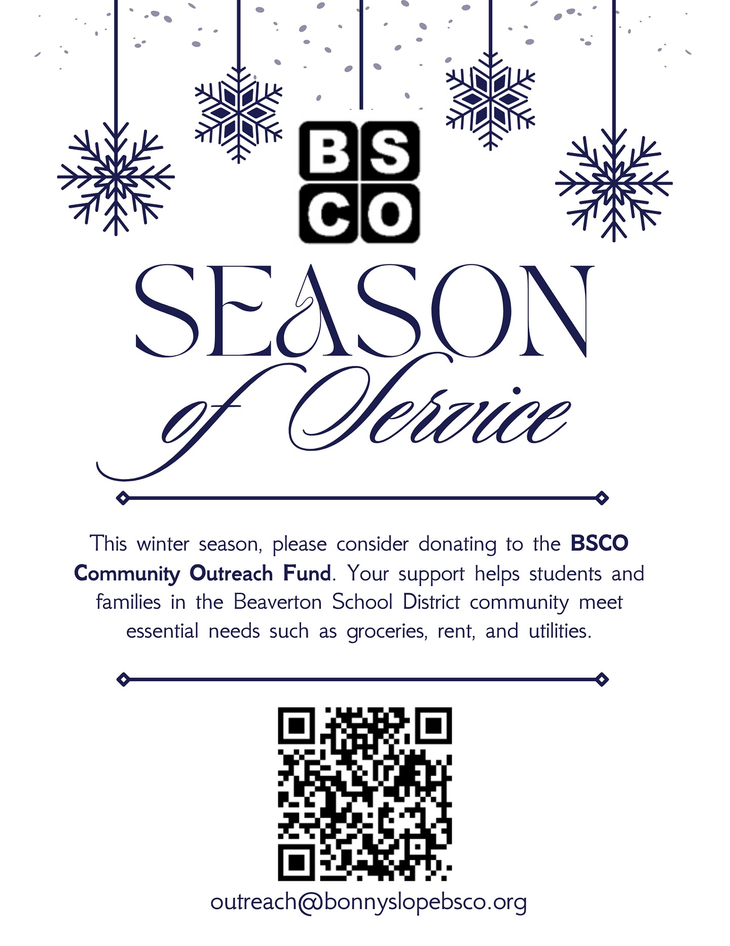 As we approach winter and all the holidays, weโd love for you to consider donating to the BSCO Community Outreach Fund. The money raised will support students and families at Bonny Slope as well as those at neighboring BSD schools, by providing assistance with groceries, rent, and utility bills. ๐ค
Questions? Email the Community Outreach committee at outreach@bonnyslopebsco.org โ๏ธ